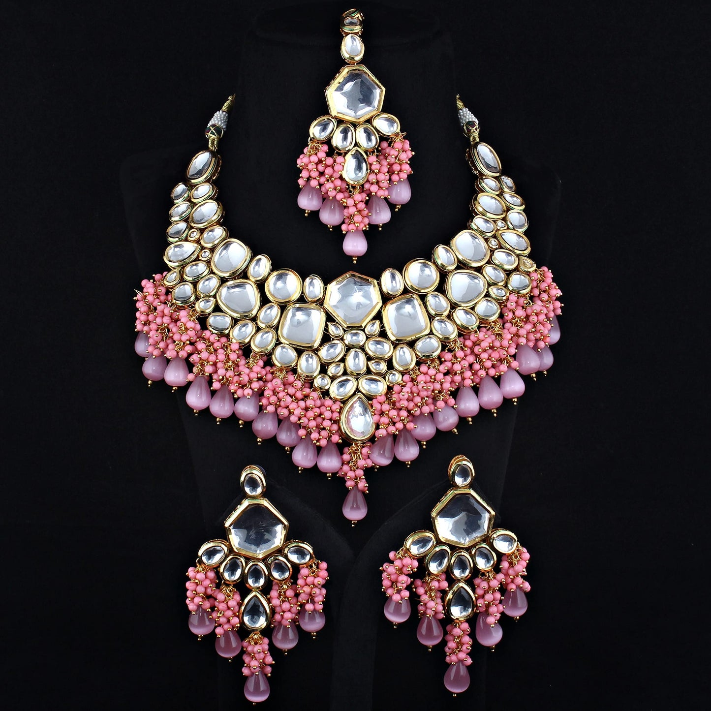 Lucky Jewellery 18K Gold Plated Pink Color Kundan Stone/Uncut Kundan/Dibbi Kundan/Meena Kundan/Lucknow Kundan with Monalisa Drop Bridal Set for Girls & Women (5910-M4SK-1574-PK)
