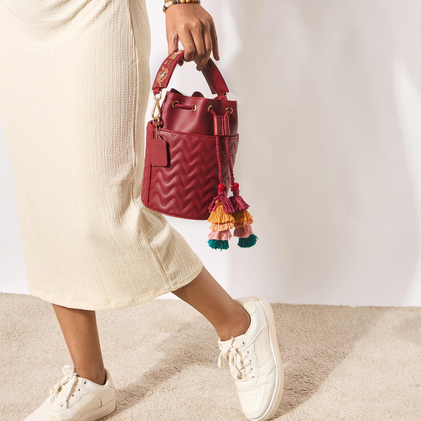 Chumbak Maroon Crossbody Sling Bag for Women, Drawstring Closure, Palace Memoirs Collection, Stylish Designer Handbag Purse Wallet Sling Tote, Everyday Casual Ethnic Travel Office Use