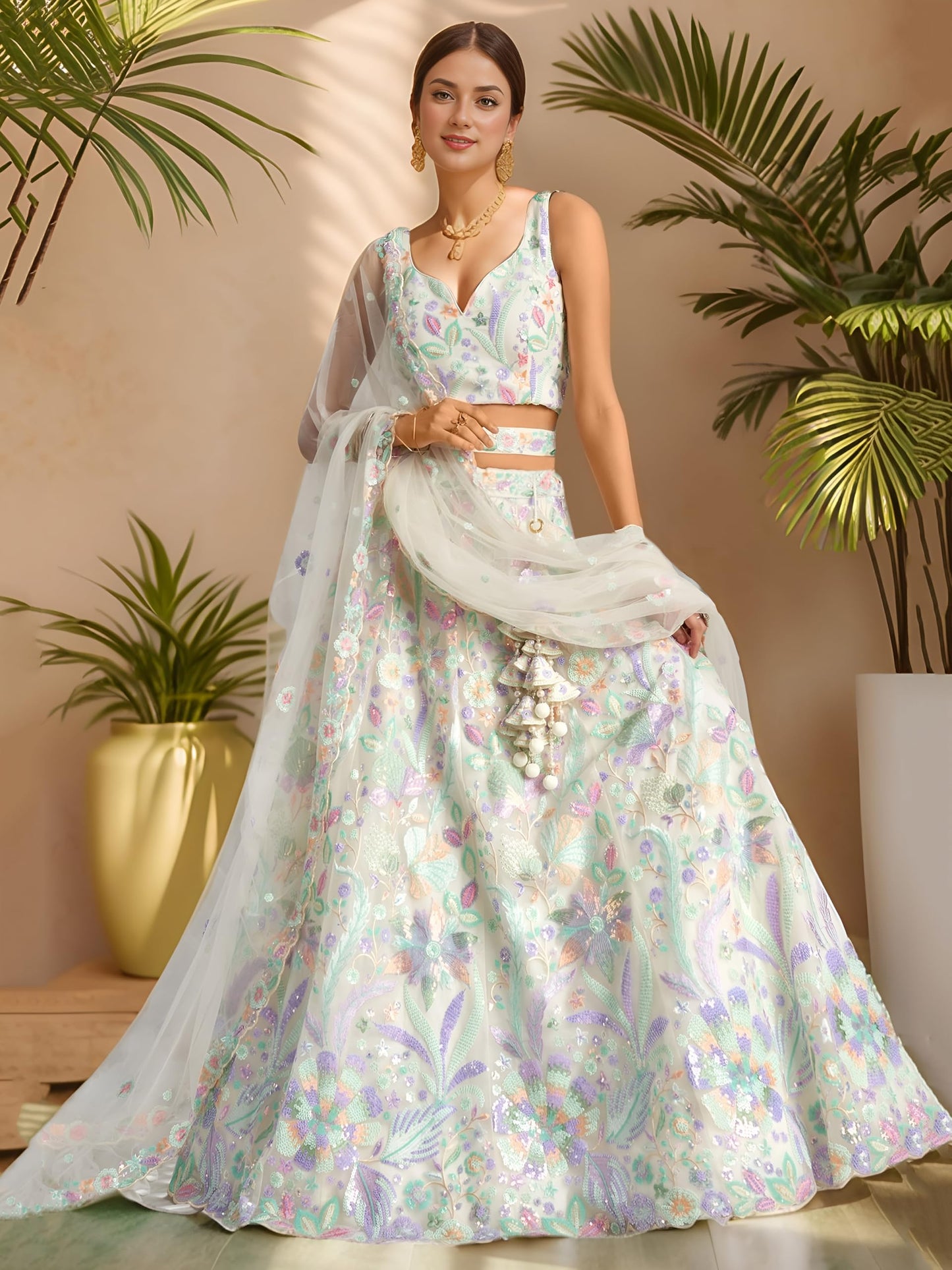 Zeel Clothing Women's Sequins Embroidered Work Soft Net Lehenga Choli With Dupatta (6020-Women-Lehenga-Choli-Latest; Free size) (White) (White)