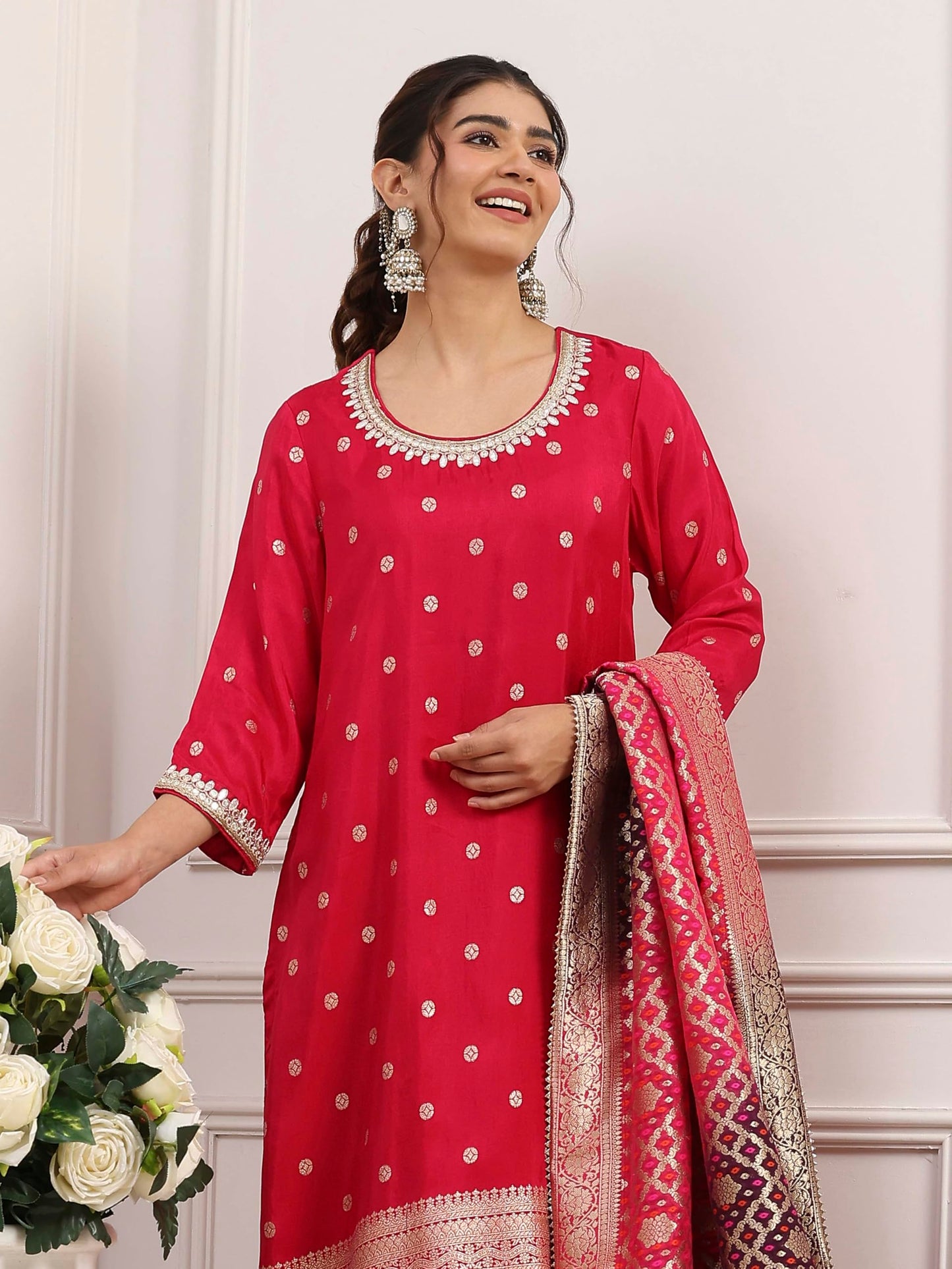 Biba Women Pink Viscose Rayon Straight Suit Set_38