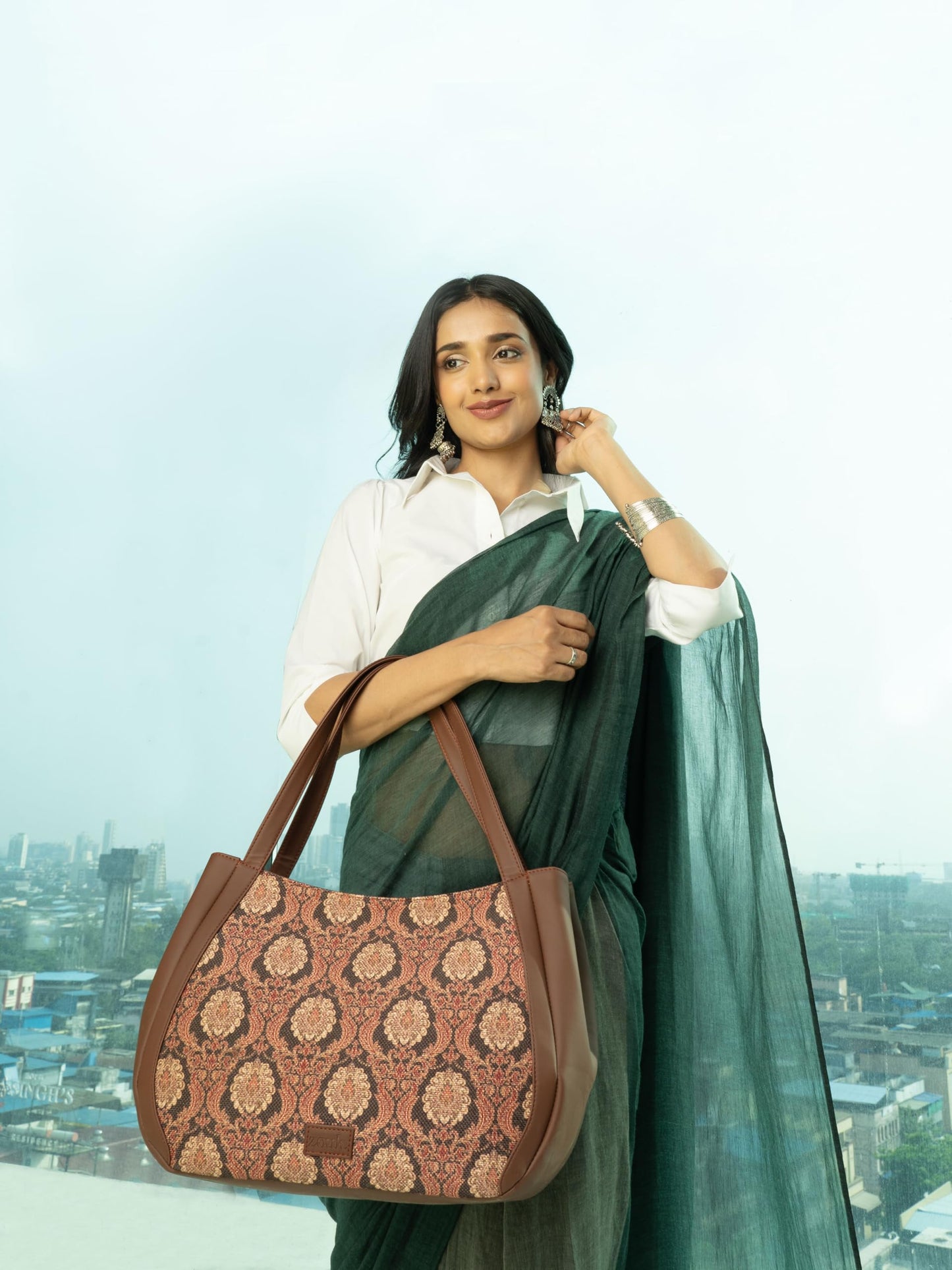 ZOUK Jodhpur Damask Motif Printed Jute Handcrafted Vegan Leather Brown Women's Shoulder Luna Handbags | Ladies Purse Handbag