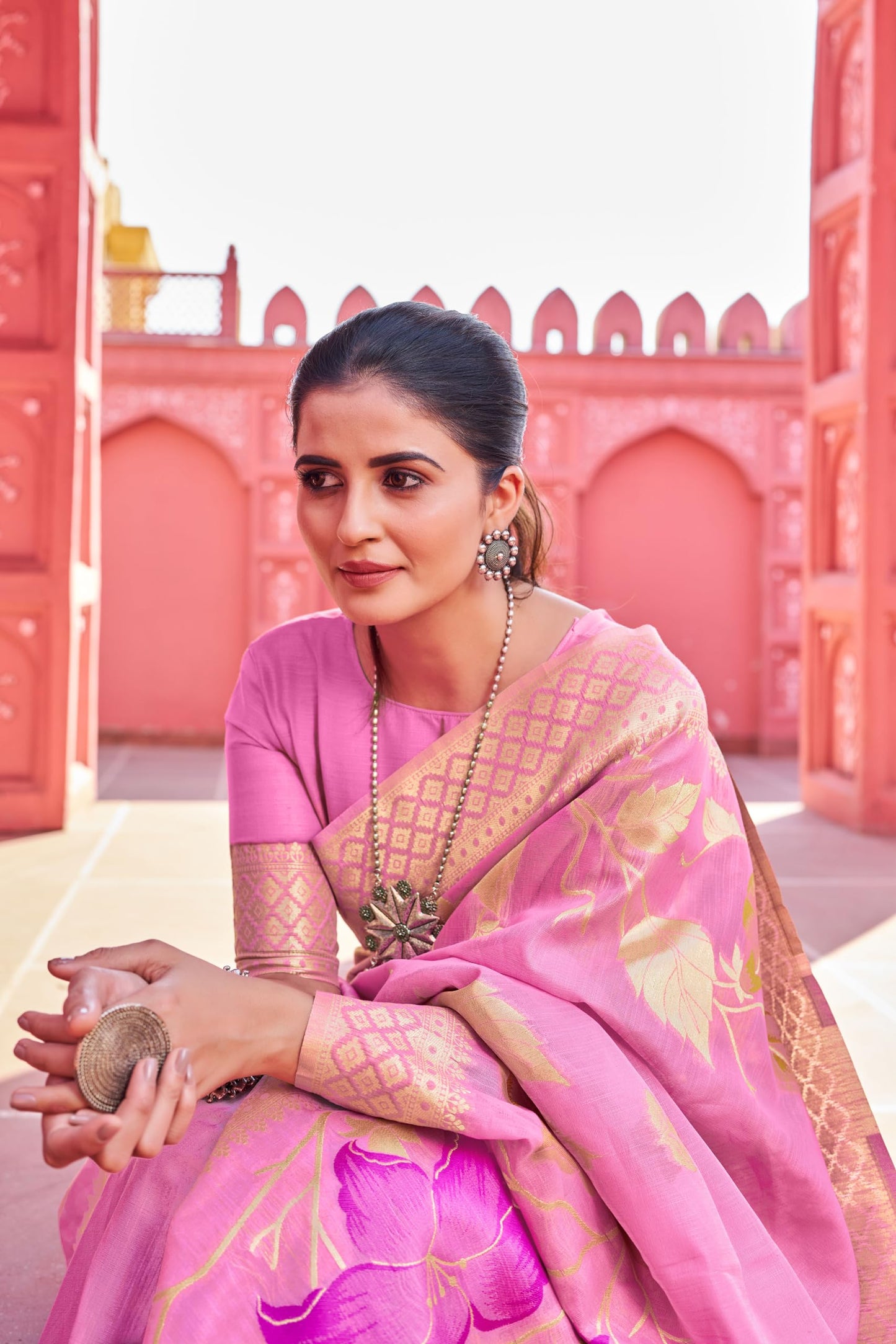 SWORNOF Womens Kanjivaram Banarasi Silk Saree Patola saree with Unstitched blouse piece (BABY PINK)