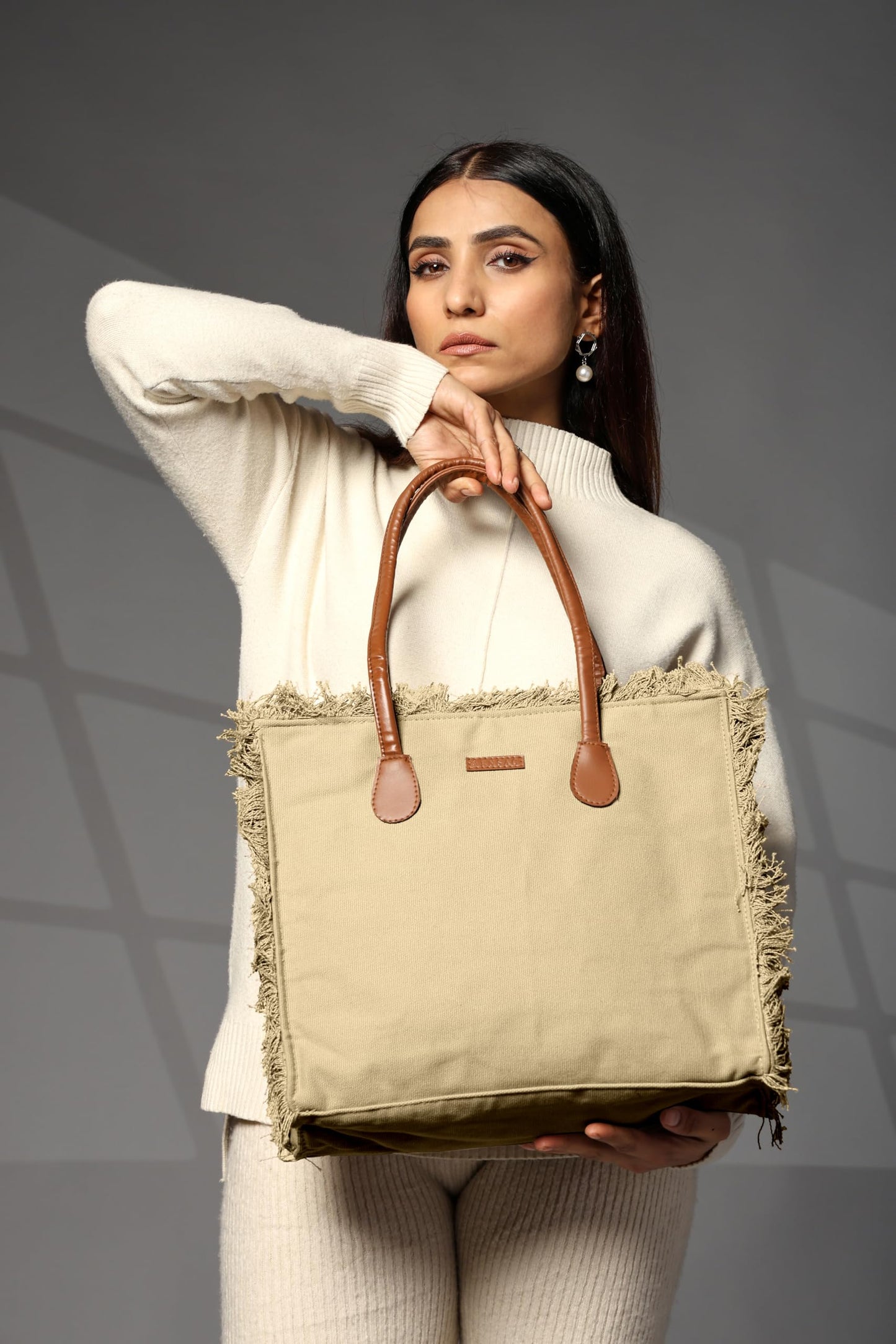 ENSAC Premium Cotton Tote Bag for Women, Stylish Handbag for women with Zip Closure | Fit for Office Bag, College, Travel Use | Handcrafted in India (Cutwork-tote-big) (Mehndi-Green)