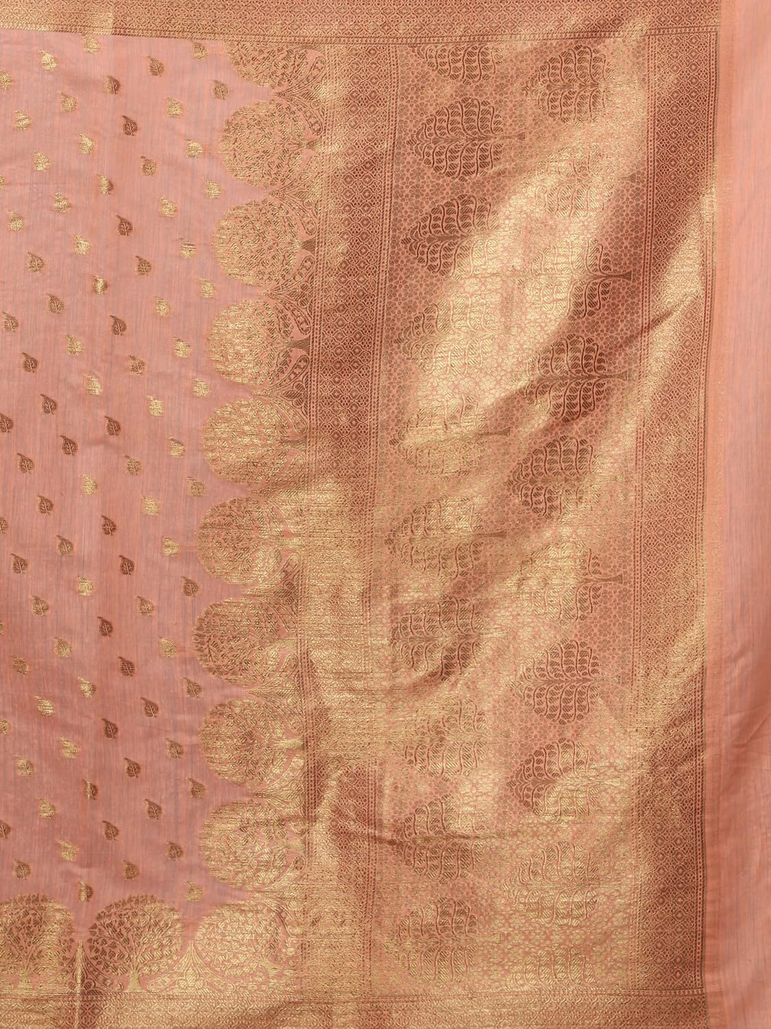 leeza store Women's Peach Cotton Silk Blend Golden Zari Tree Pattern Border Rich Pallu Banarasi Saree With Blouse Piece