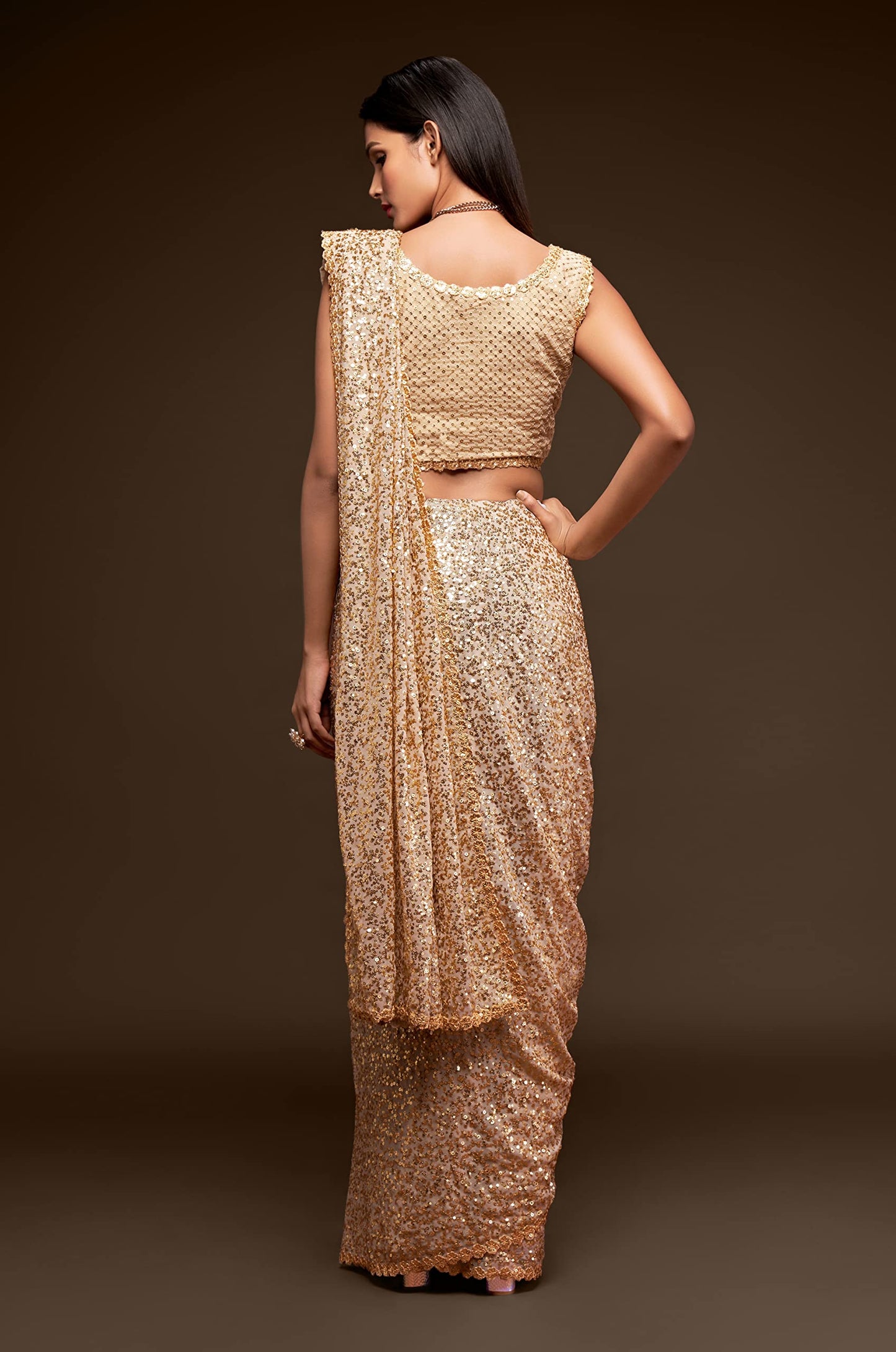 TRENDMALLS Women's Georgette Heavy Sequins Work Heavy Saree with Blouse (Latest-Sequins-Party-Saree) (Beige)