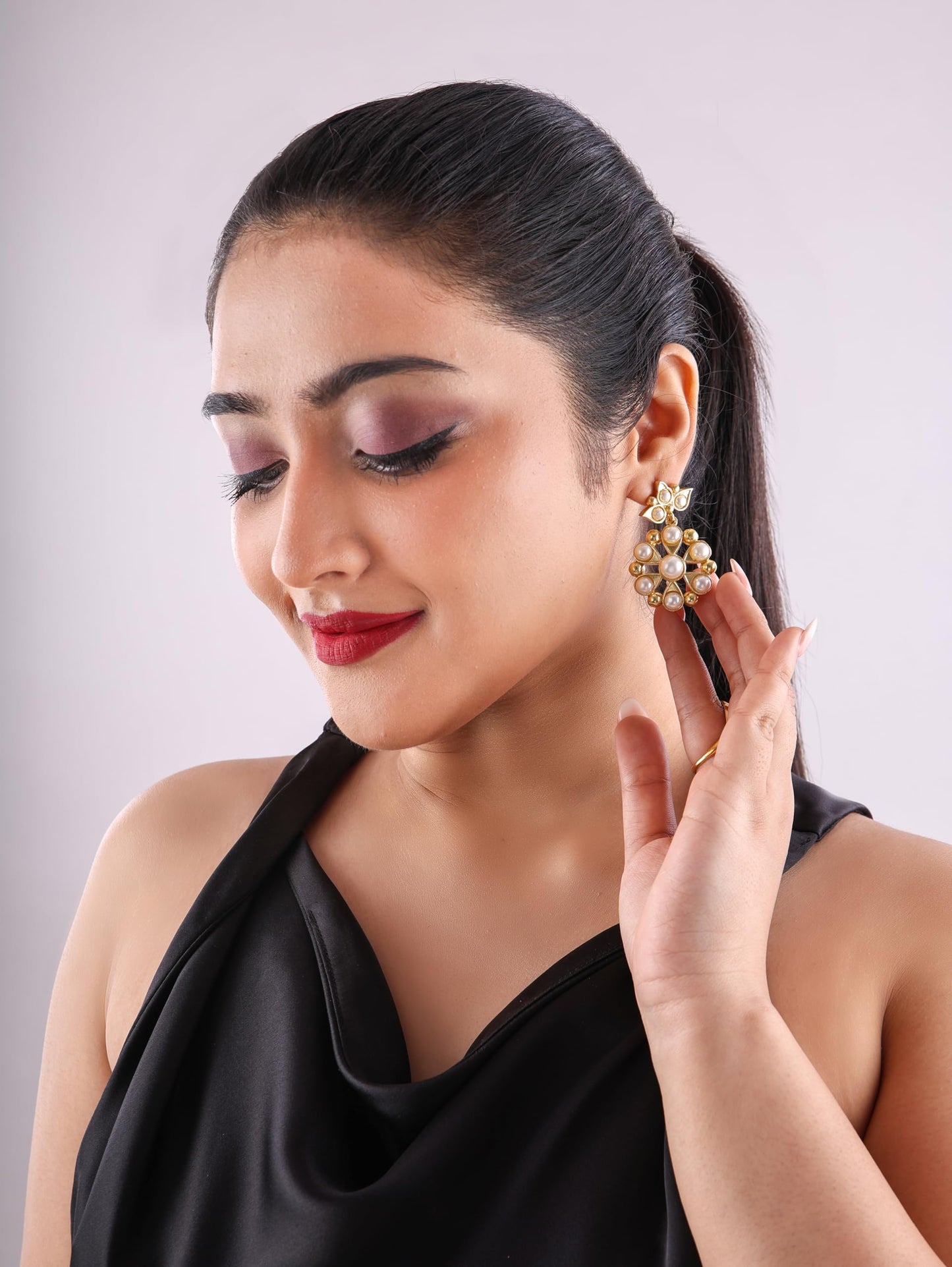 Jiaara Gold plated pearl studded floral drop Earrings for women