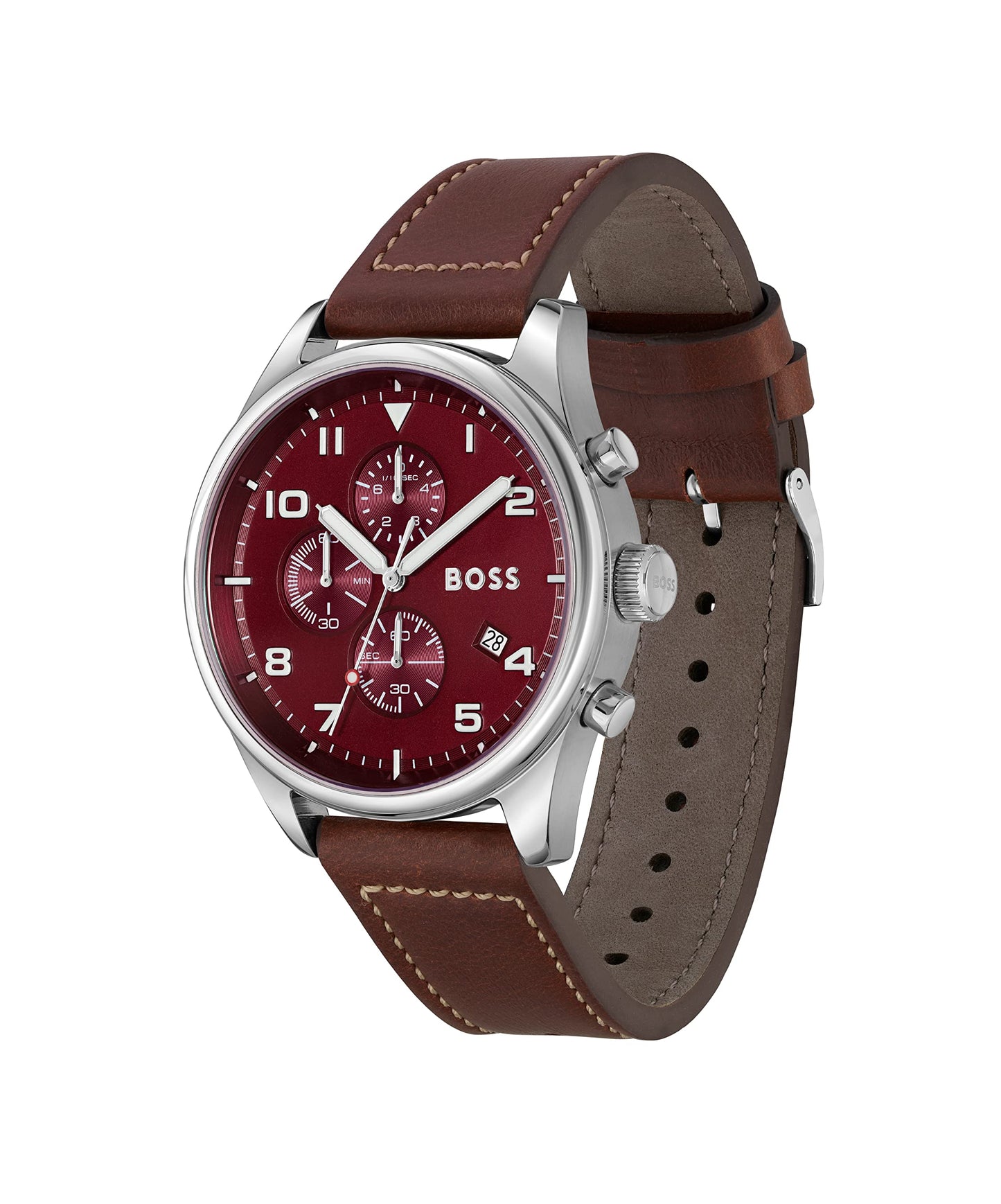 BOSS View Qtz Fashion Chrono Red Round Dial Men's Watch|Brown Leather Material|Brown Color Band - 1513988
