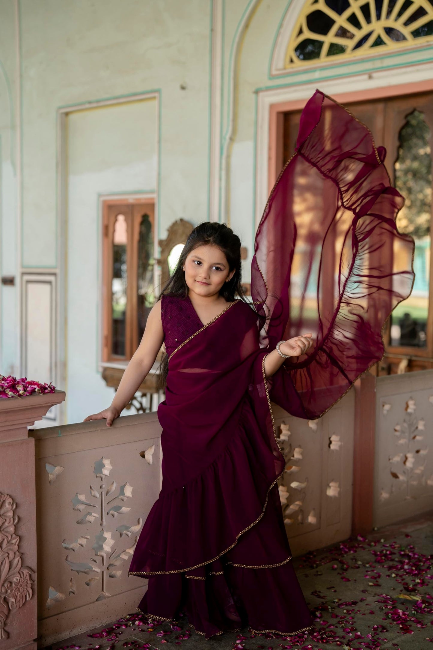 Jaipurite Kids Festive Designer Ruffle Saree Lehenga with Choli | Stylish Indian Wear for Girls (Wine, 9-10 Y)