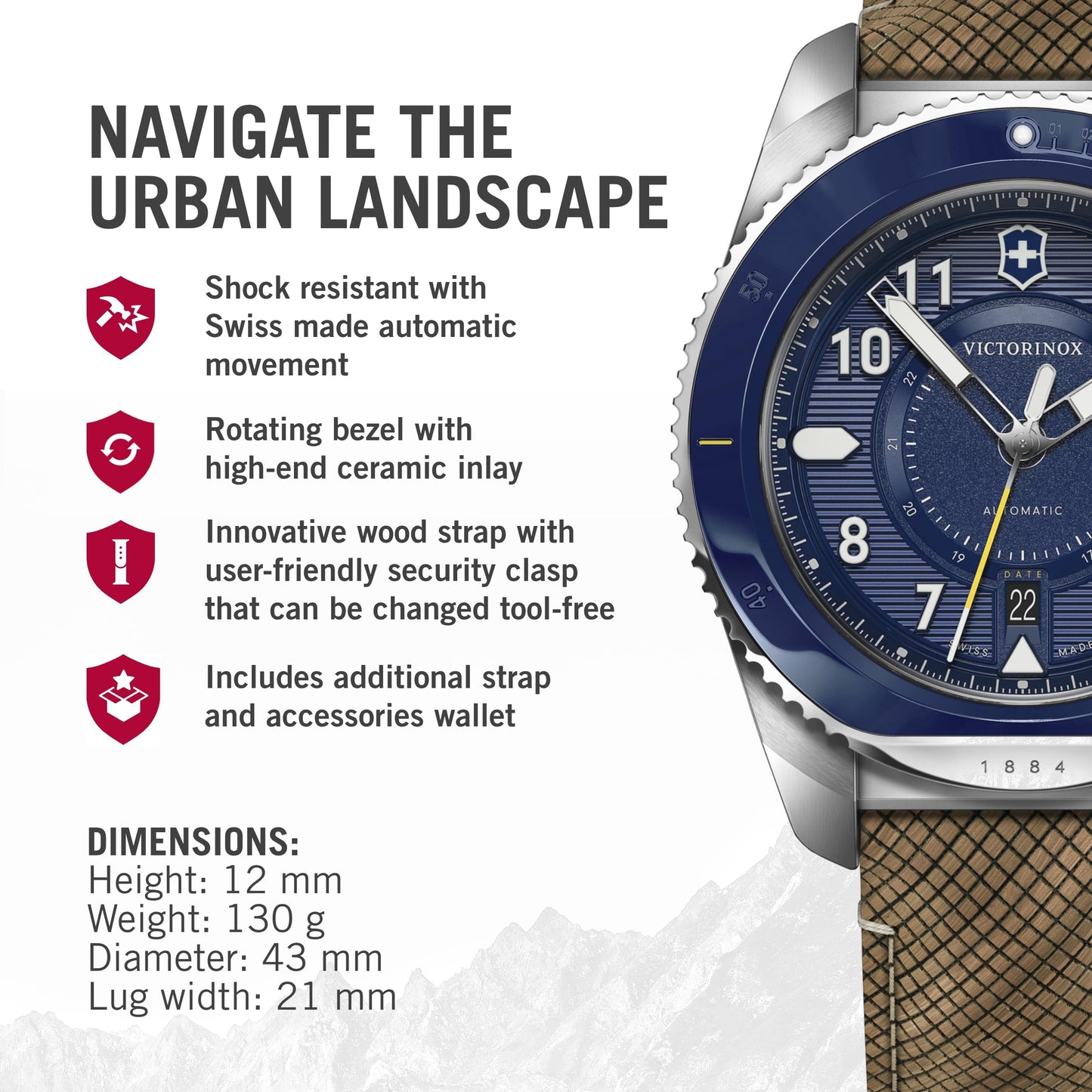 Victorinox Wood Journey 1884, Automatic Swiss Made Men's Analog Watch, Blue Dial, 43 Mm, Water Resistant Up To 200 M, Sellita Sw 200-1 Movement, Wrist Watch For Men|241980.1,Brown Band