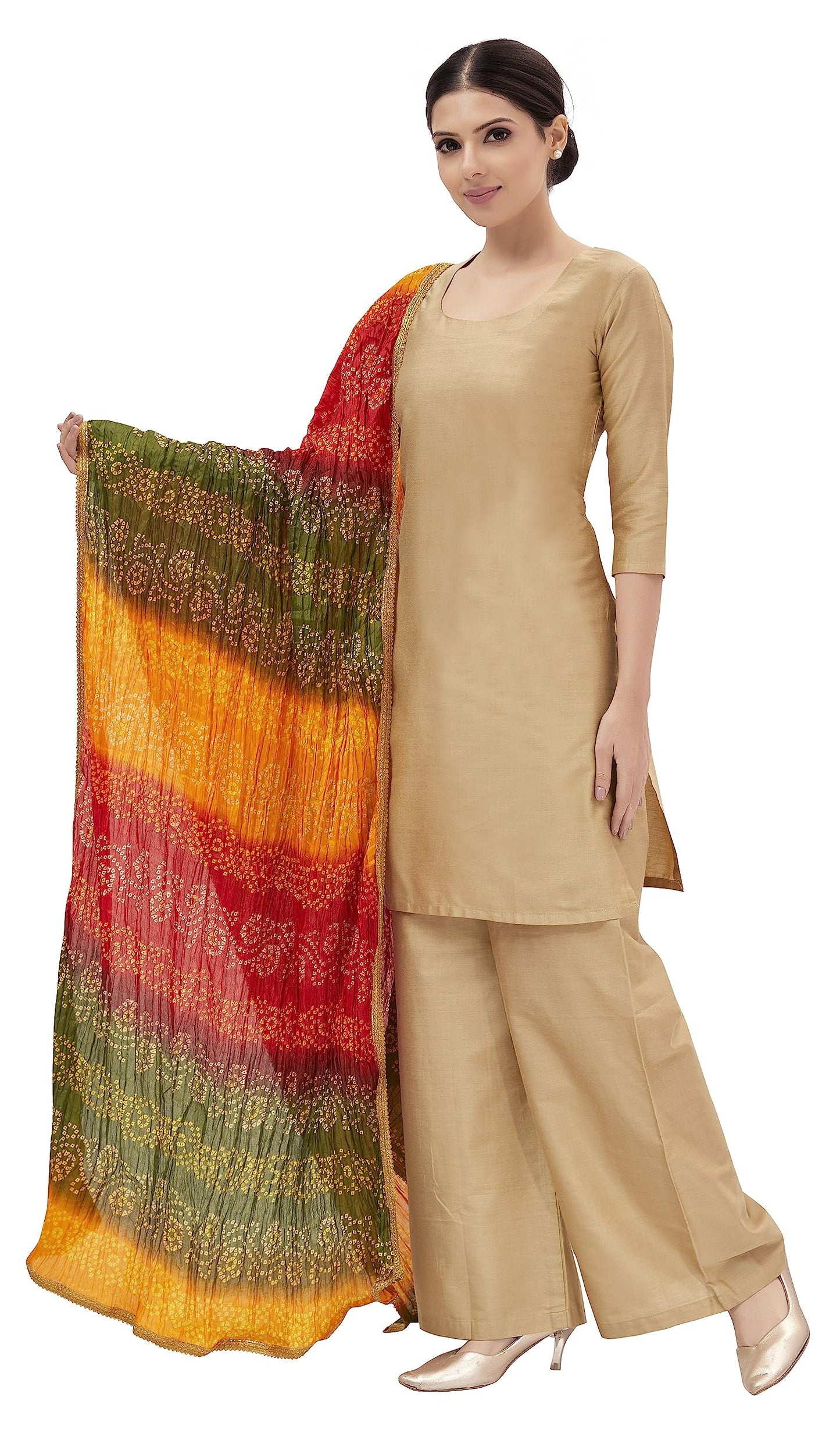 Studio Shringaar Women's Vegan Silk Multi Coloured Bandhni Dupatta (42" X 2.5 Meters, Mehendi)
