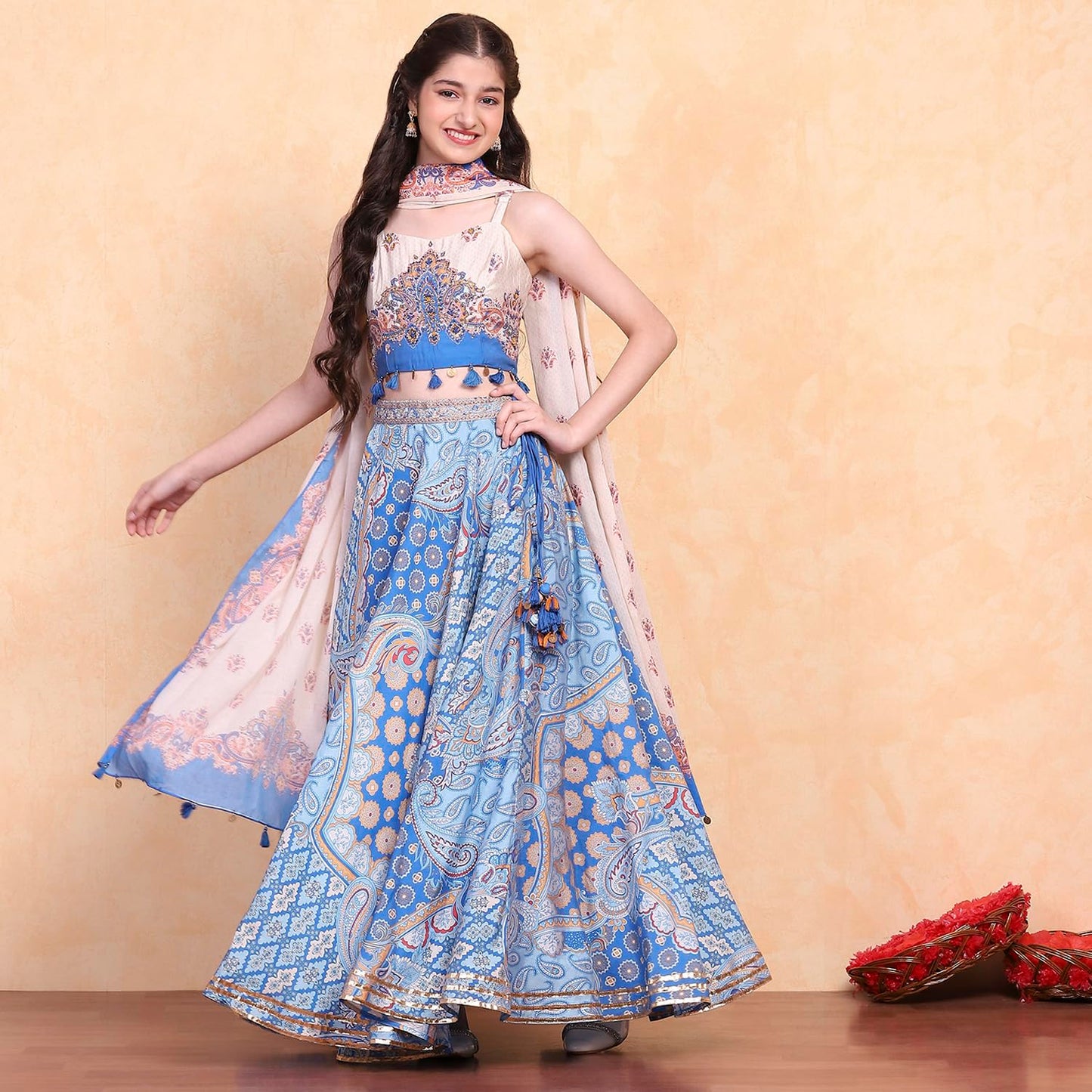 Biba Girl's Viscose Blend Lehenga Set (KWBOHEMIA6403SS25ELCBLU_Electric Blue_14-15 Year)