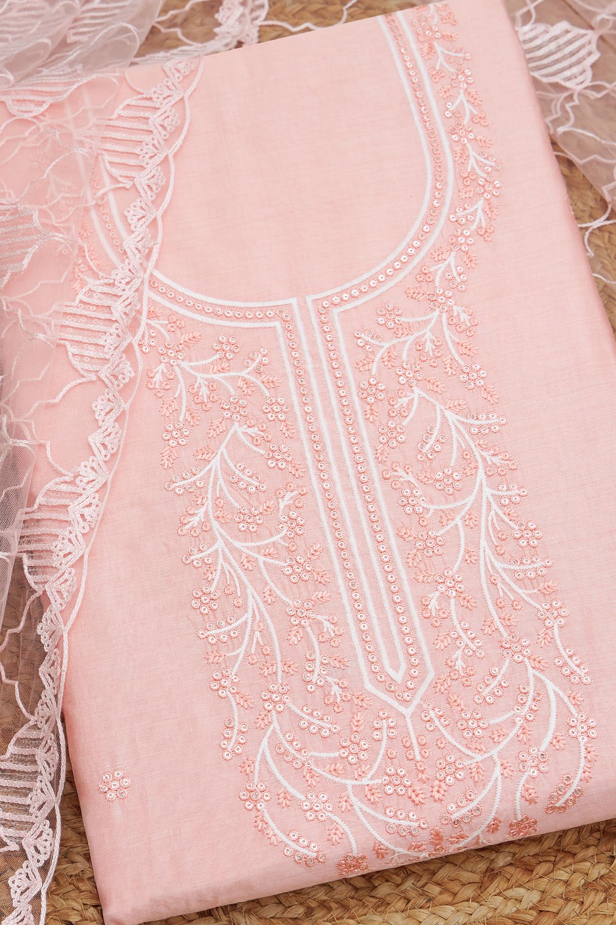Soch Womens Peach Chanderi Embroidered Unstitch Dress Material With Thread Work