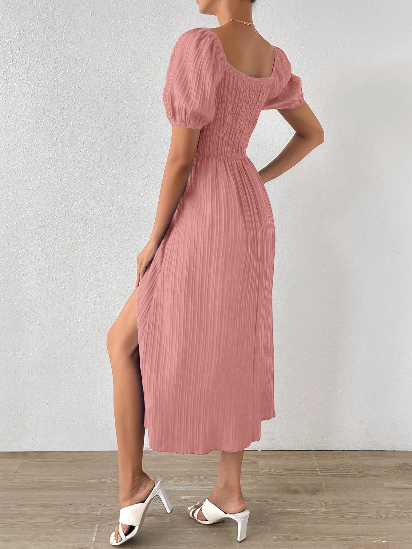 Shasmi Women's & Girl's Peach Tie Front Split Thigh Milkmaid Maxi Dress – Square Neck Puff Sleeve A-Line Long Dress, Elegant Casual & Parties Wear for Ledies (Dress 245 Peach-XL)