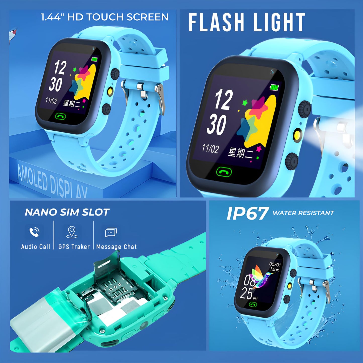 PunnkFunnk Kids Smart Watch 1.44" TFT Display, 4G Sim Card Phone with Long-Lasting Voice Call, Kids GPS, Music Player, Alarm Clock, Games, & IP67 Waterproof(Pink)(Made by MELBON)