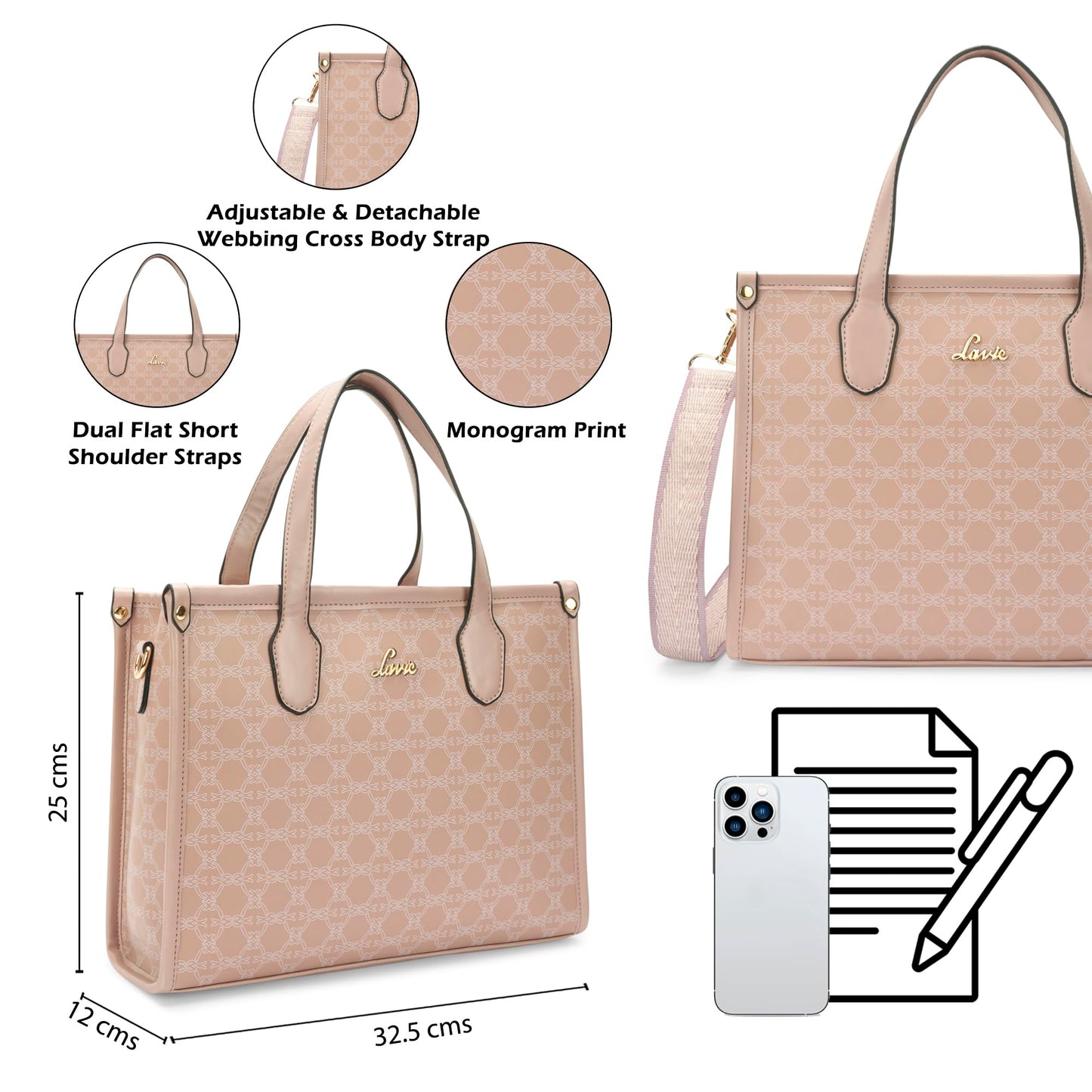 Lavie Women's Mono Kelissa Monogram Print Satchel Bag for Women | Satchel Handbag for Work | Ladies purse | Stylish Shoulder Bag | Gift for Women