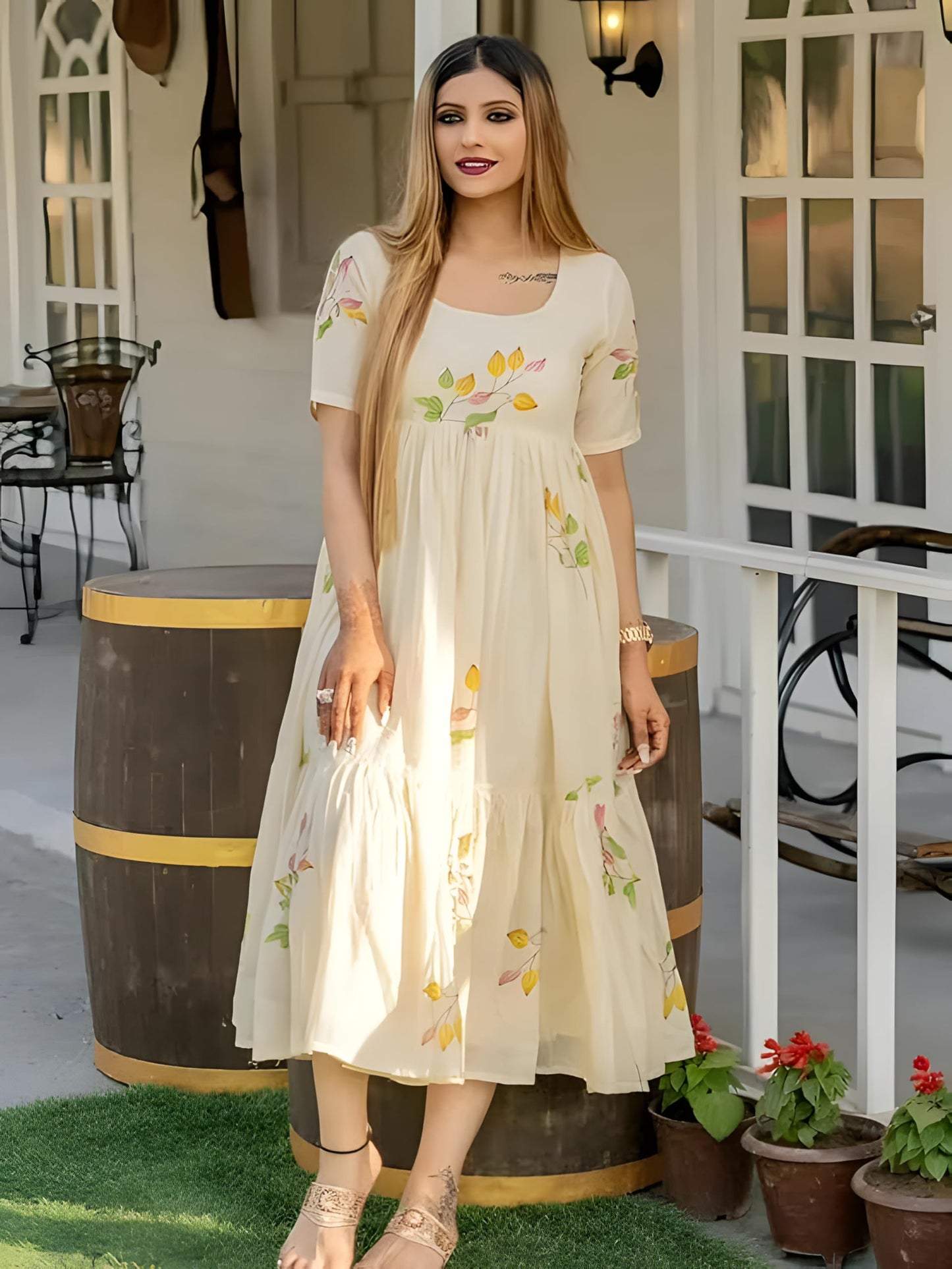 eightone Girl's & Women's Floral A-line Kurti Fit and Flare Cotton Midi One Piece Stylish Maxi Long Frock Dress for Women (in, Alpha, 4XL, Cream White)