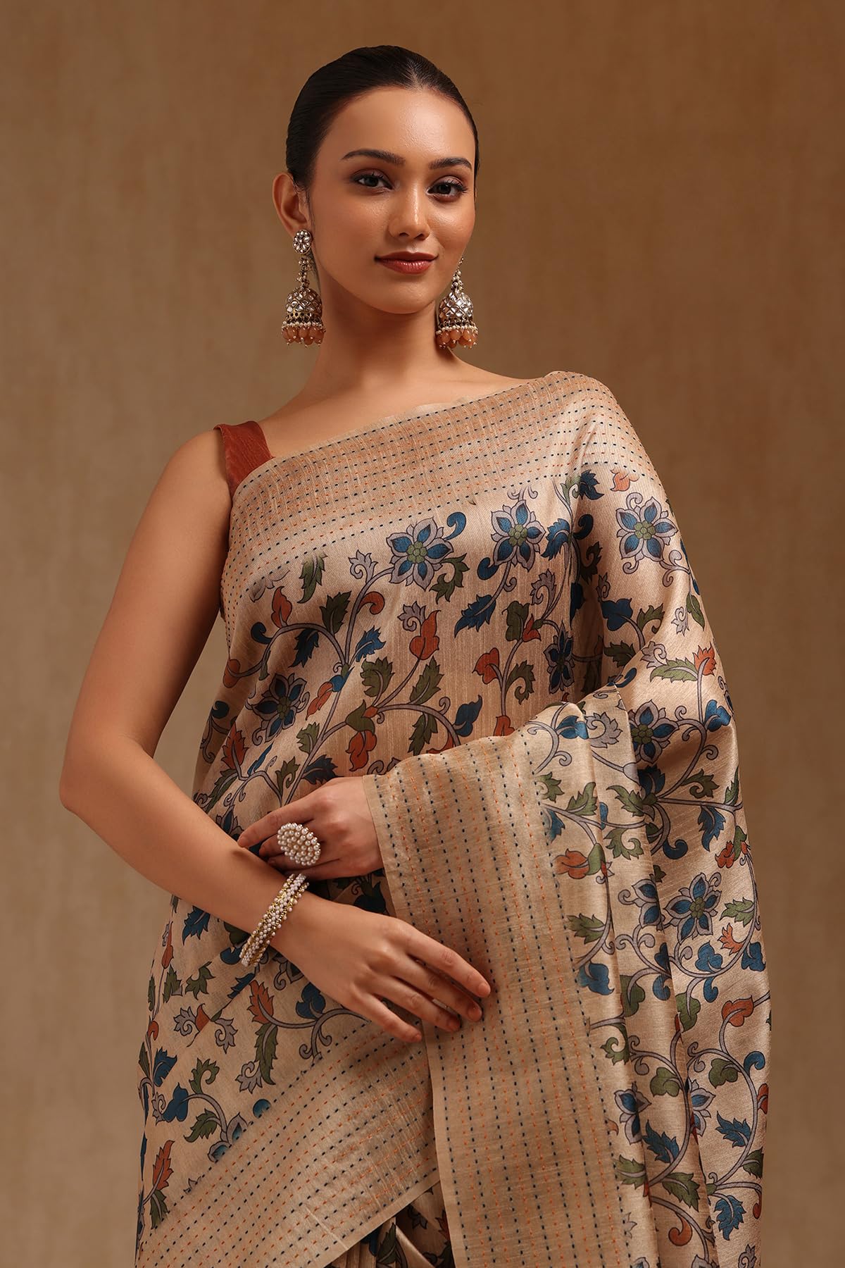 Soch Womens Beige Chanderi Botanical Print Saree With Thread Work