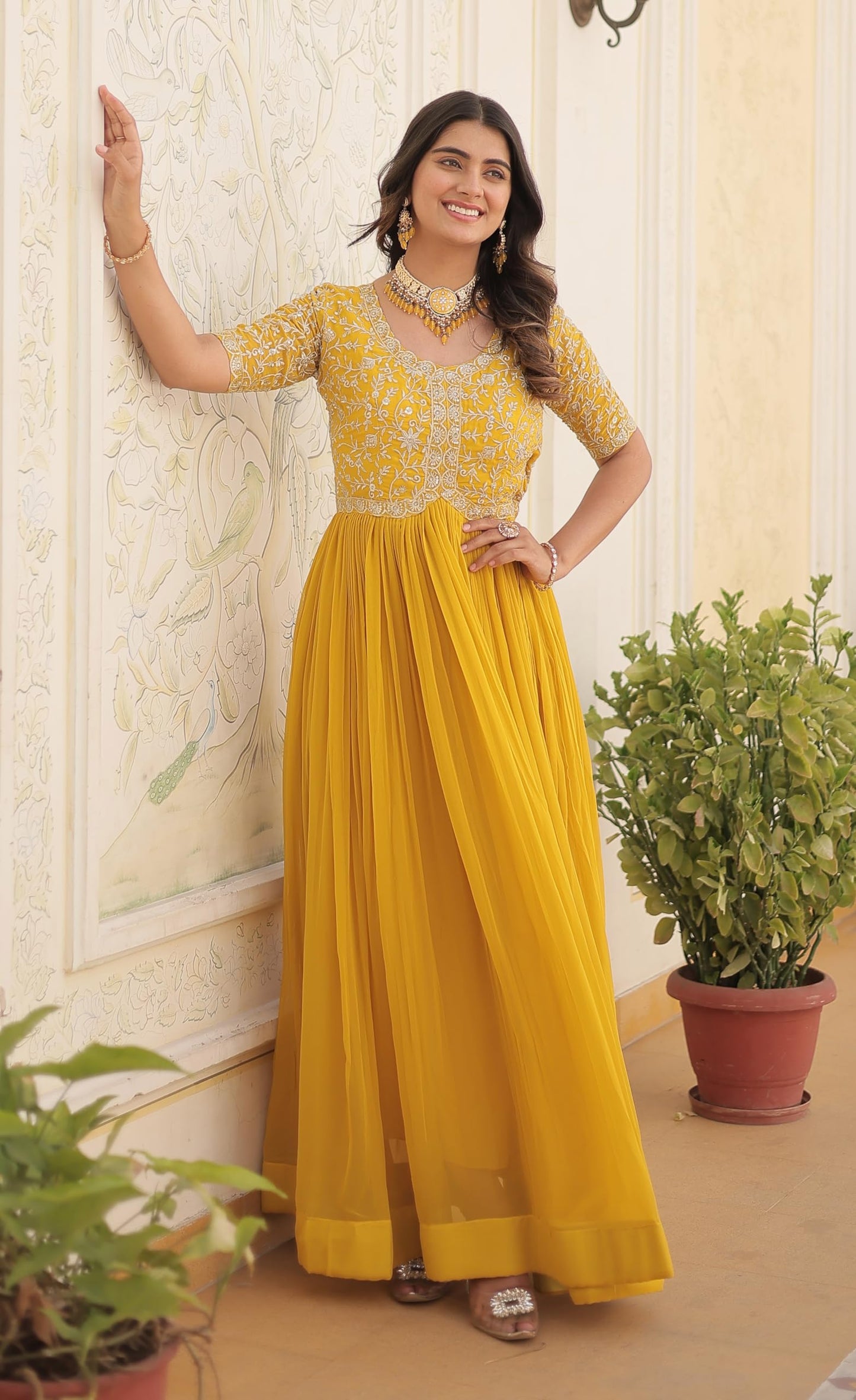 Fashion Basket Red Georgette Embroidered Anarkali Kurta Set for Women (in, Alpha, XL, Regular, Yellow)