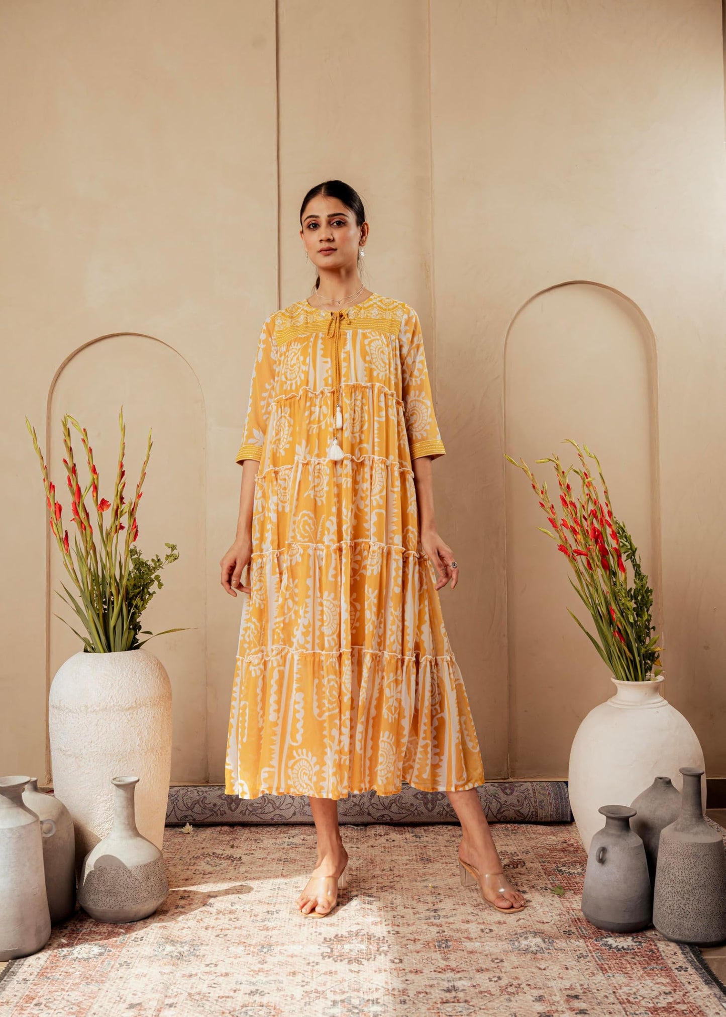 Juniper Mustard Ethnic Motifs Printed Man Made Fiber Tiered Long Dress