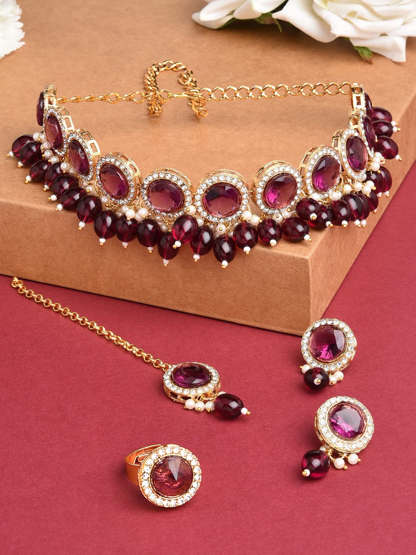 ZAVERI PEARLS Wine Color Stones & Cluster Beads Choker Necklace Earring Maangtikka & Ring Set For Women-ZPFK14598