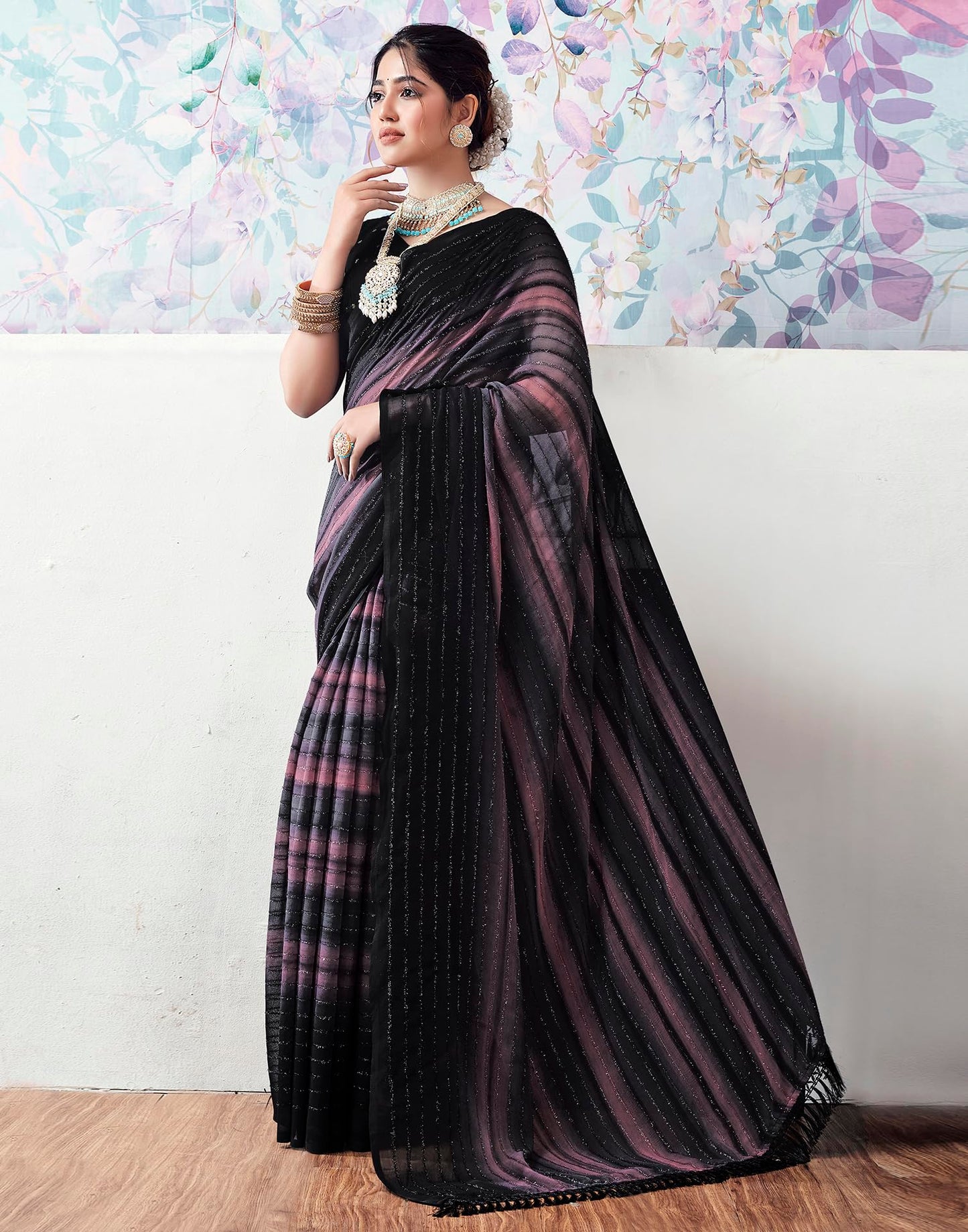 SIRIL Women's Georgette Printed Zari Stripe Saree With Unstitched Blouse Piece (3498S726_Black)