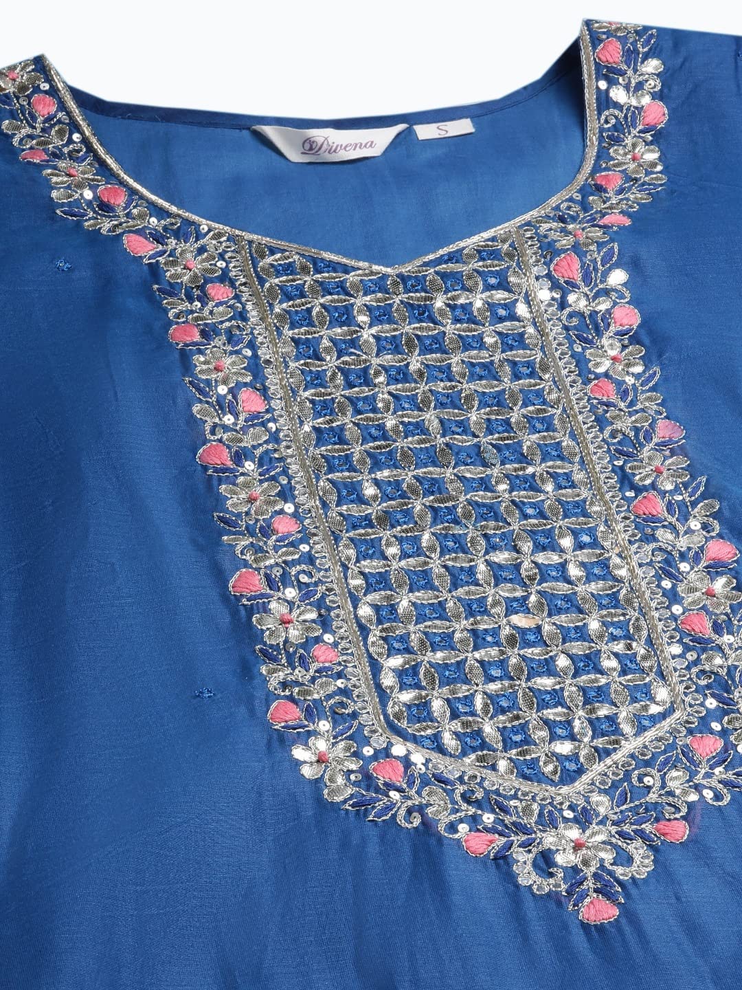 Divena Blue Solid Chenderi Kurta Skirt Set with Dupatta-DK0739-5XL