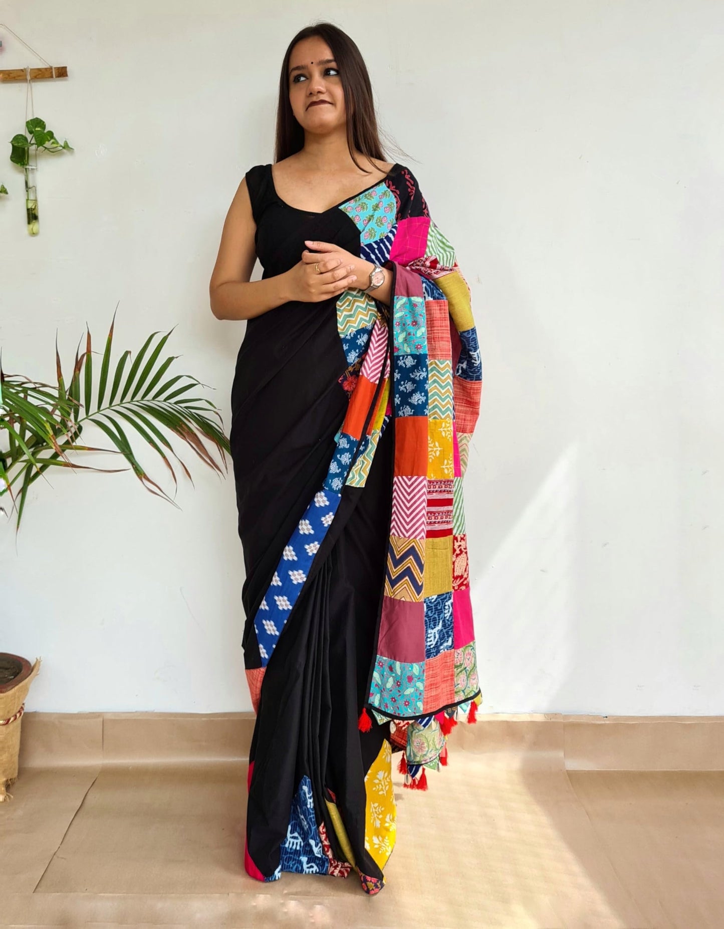 Save As Womens Saree Black - Unique 100% Cotton Reclaimed Fabric Saree Without Blouse