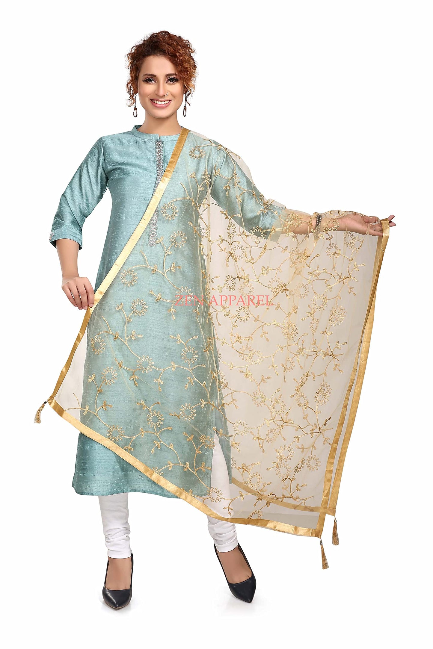 ZEN APPAREL Women's Embroidered Golden Net Dupatta With Lace Borders (Gold Z-101) (Gold)