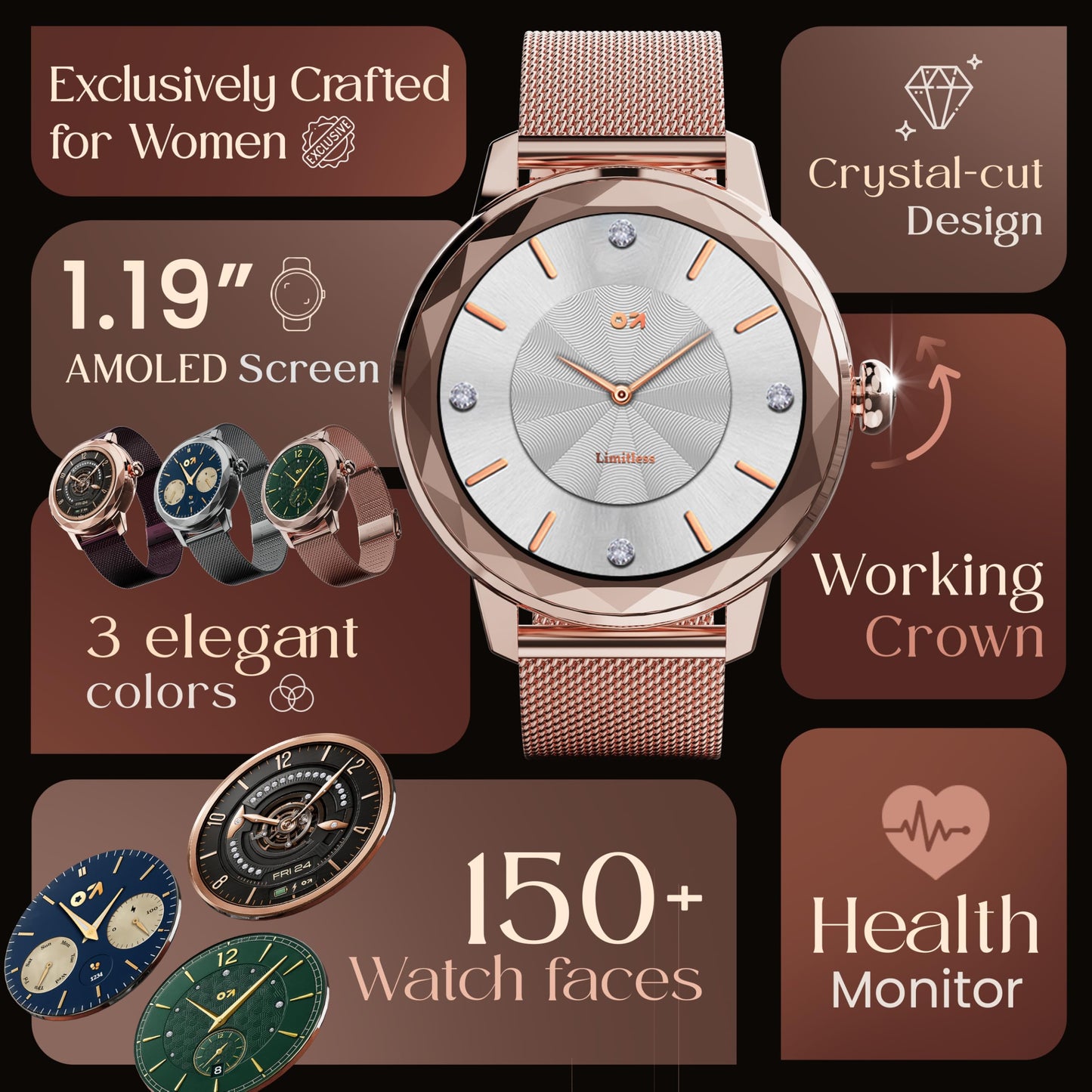 GOBOULT Newly Launched Alora Smart Watch 1.19'' AMOLED Display, BT Calling, Rotating Bezel, 150+Watchfaces, 800 Nits Brightness, AI Voice Assistant, SpO2 Monitoring, 120+ Sports Mode (Rose Gold)
