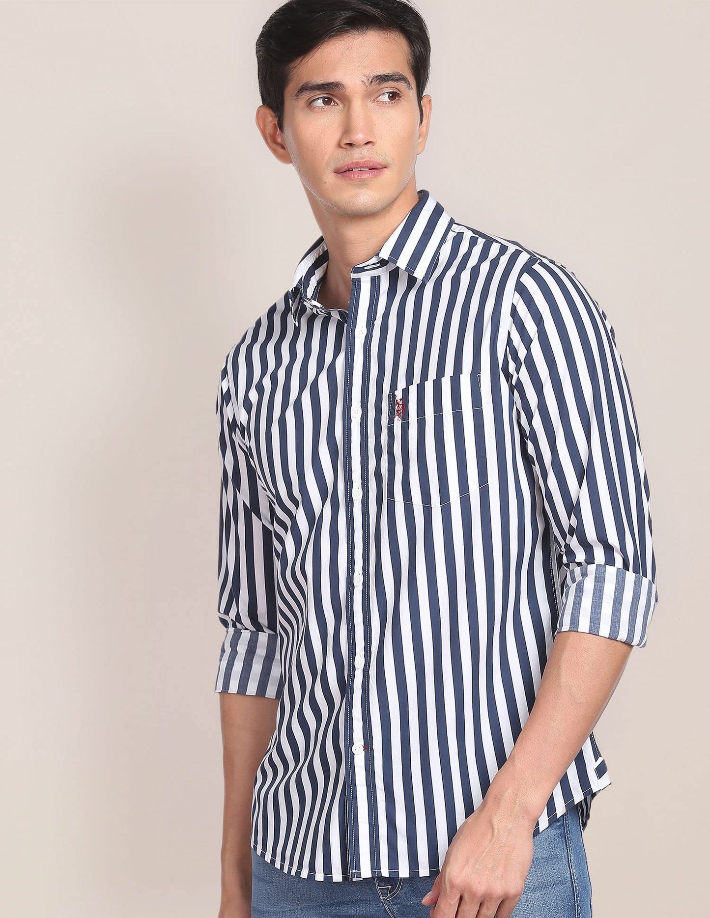 U.S. POLO ASSN. Mens Cotton Printed Stripe Fs Regular Fit Shirts (Usshtfx0072_Navy_Large)