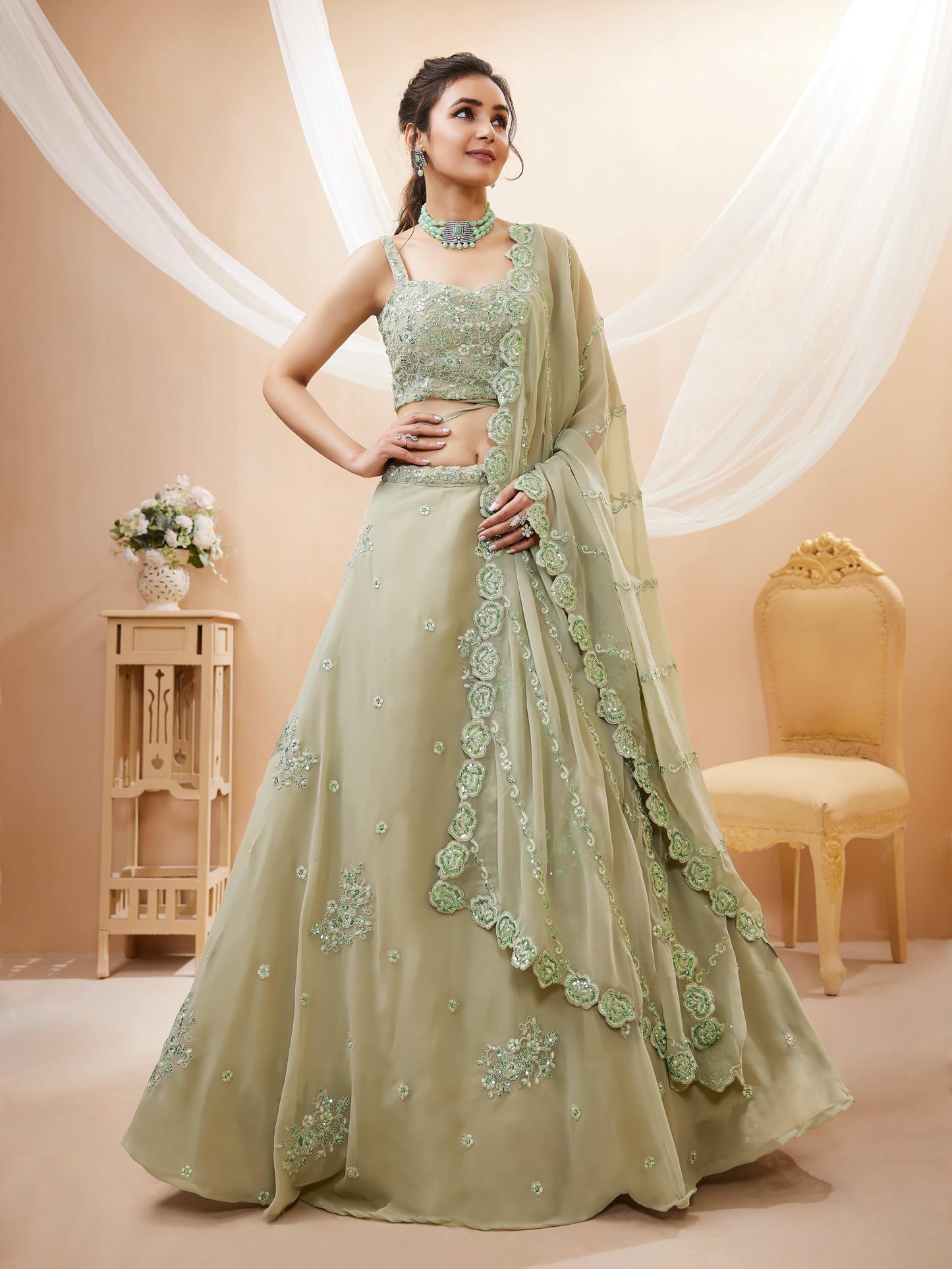 Zeel Clothing Women's Georgette Semi Stitched Lehenga Choli With Dupatta (7060-Pista-Wedding-Bridal-Stylish-Latest; Free Size)