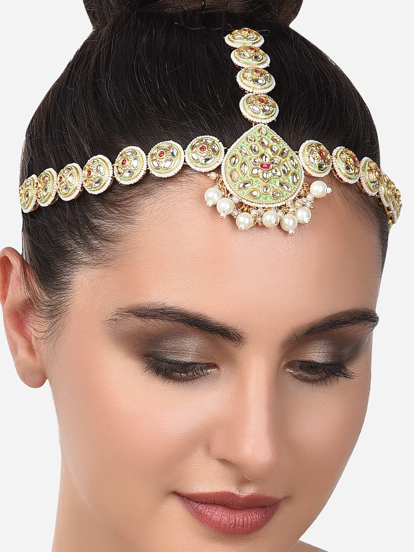 Zaveri Pearls Green Meenakari & Pink Kundan Bridal Floral MathaPatti For Women-ZPFK14450