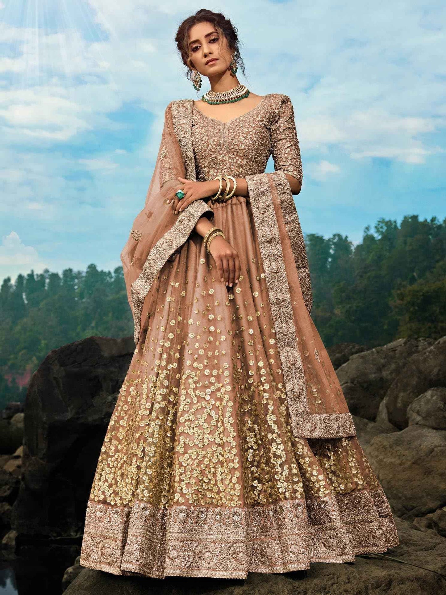 Zeel Clothing Women's Net Semi-Stitched Lehenga Choli Brown Wedding Bridal Latest New Free Size