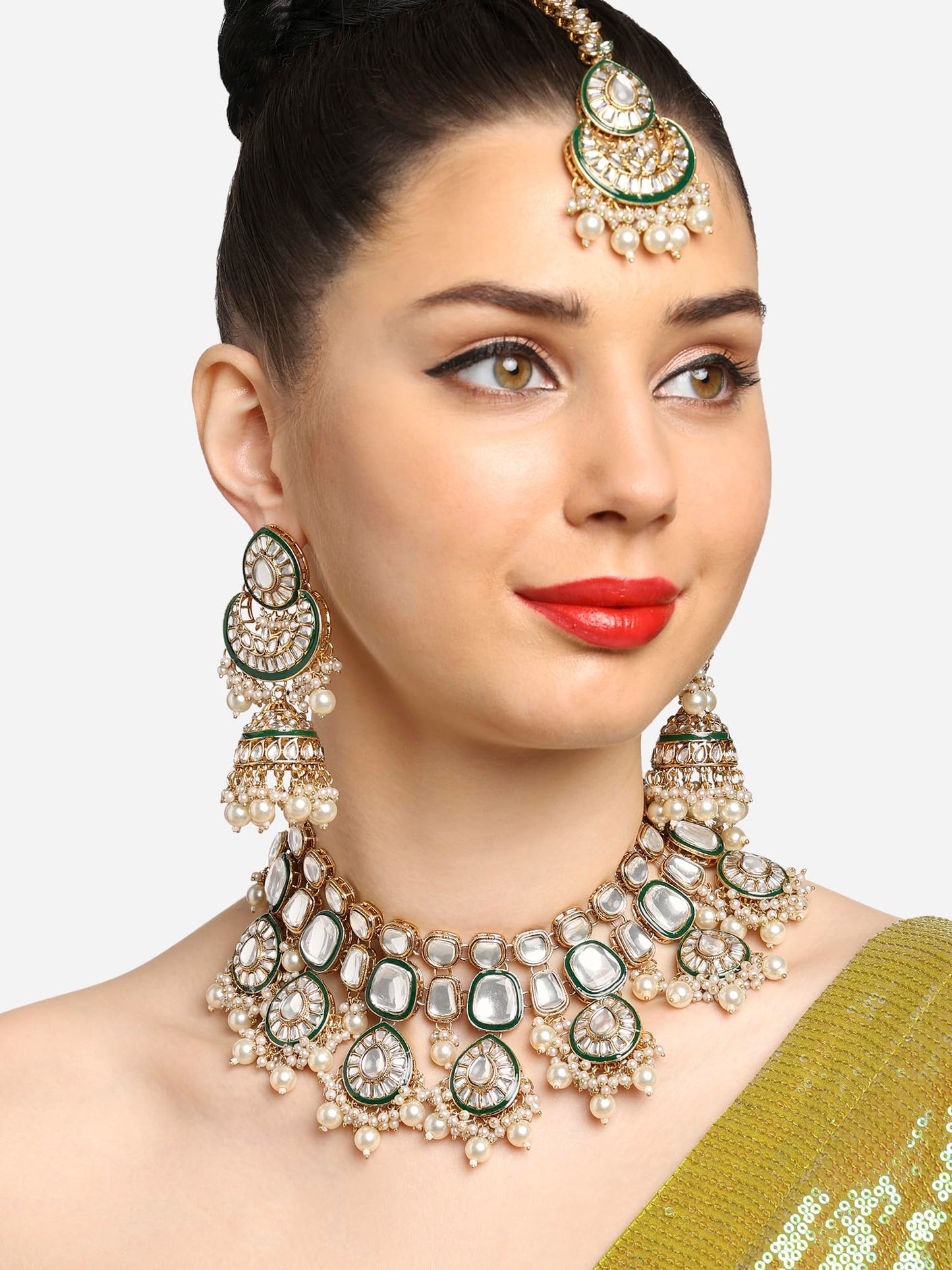 ZAVERI PEARLS Gold Tone & Green Enamel Kundan Artificial Stones & Pearls Drop Bridal Necklace Earring & Maangtikka Set For Women-ZPFK16933