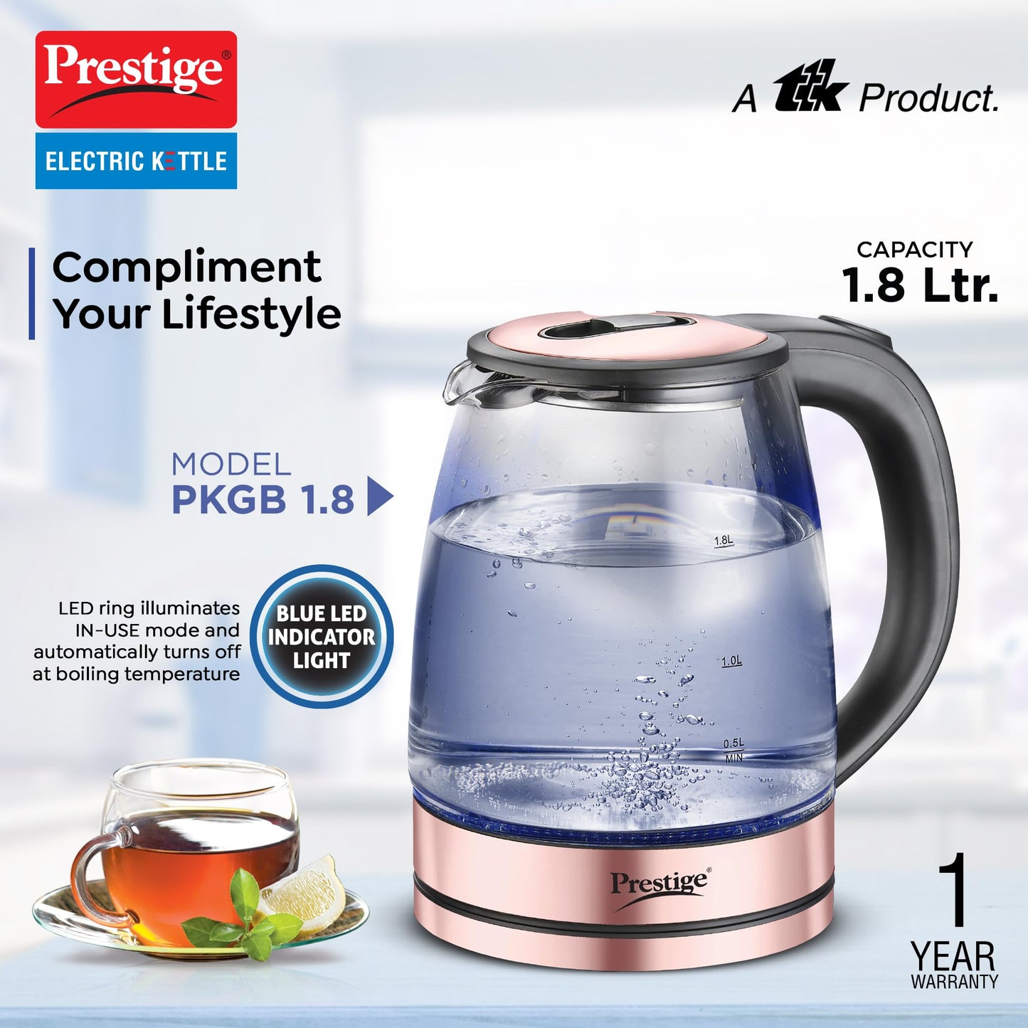 Prestige PKGB 1.8 Litre Electric Glass Kettle| LED Power Indicator| Borosilicate Glass| Automatic Power Cut-Off| Concealed Element| 360 Degree Swivel| Cool Touch Handle, 1350 Watts, Transparent