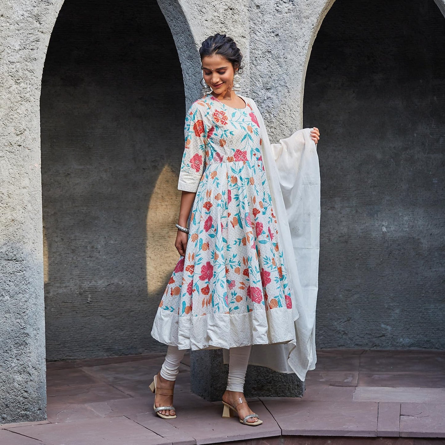 BIBA Women Cotton Anarkali Printed Suit Set (SKDSMERBLOOM9596SS24OWHT_Off White