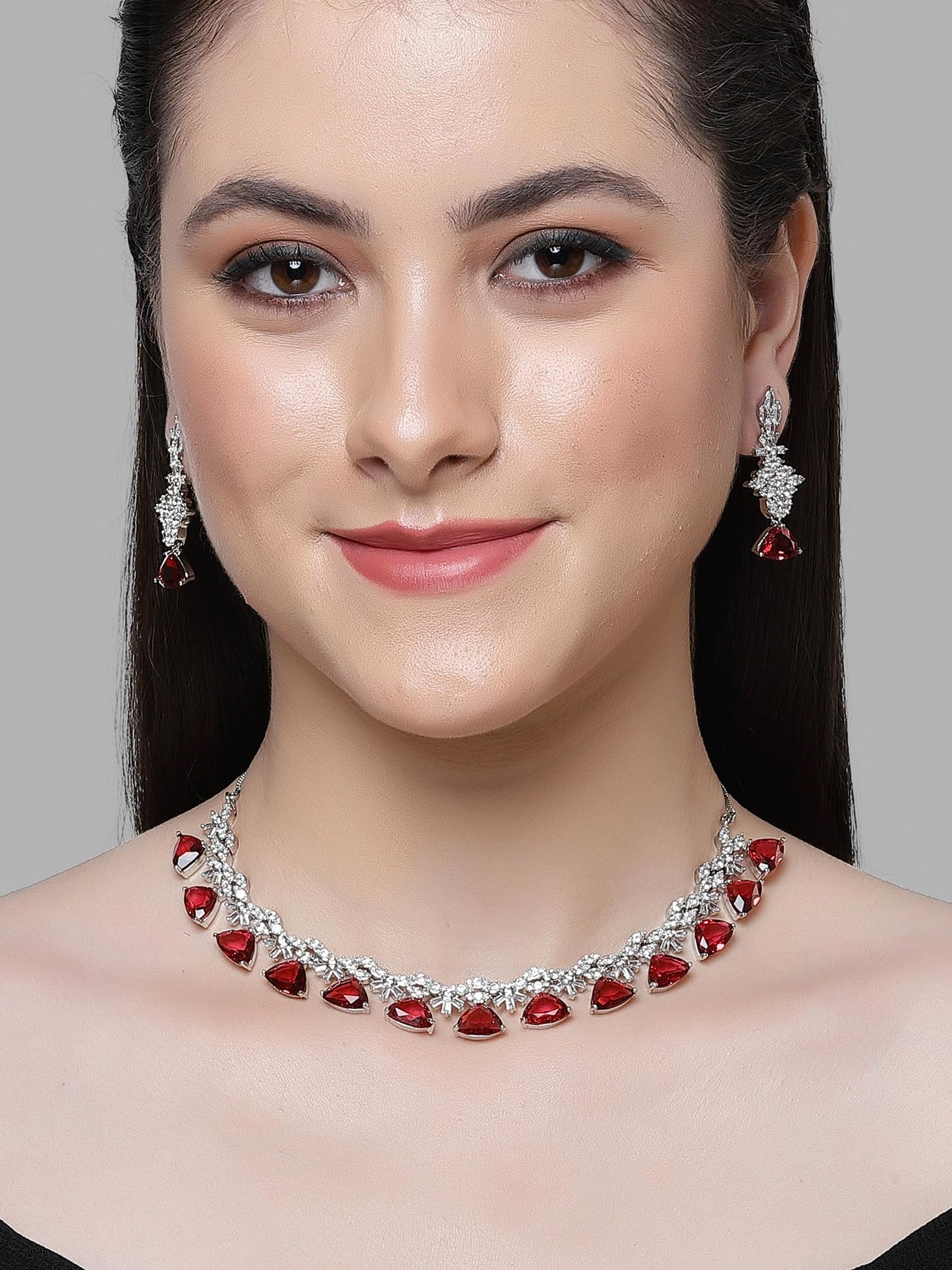 Karatcart Silver Tone Red Triangular Shape American Diamond Necklace Set for Women