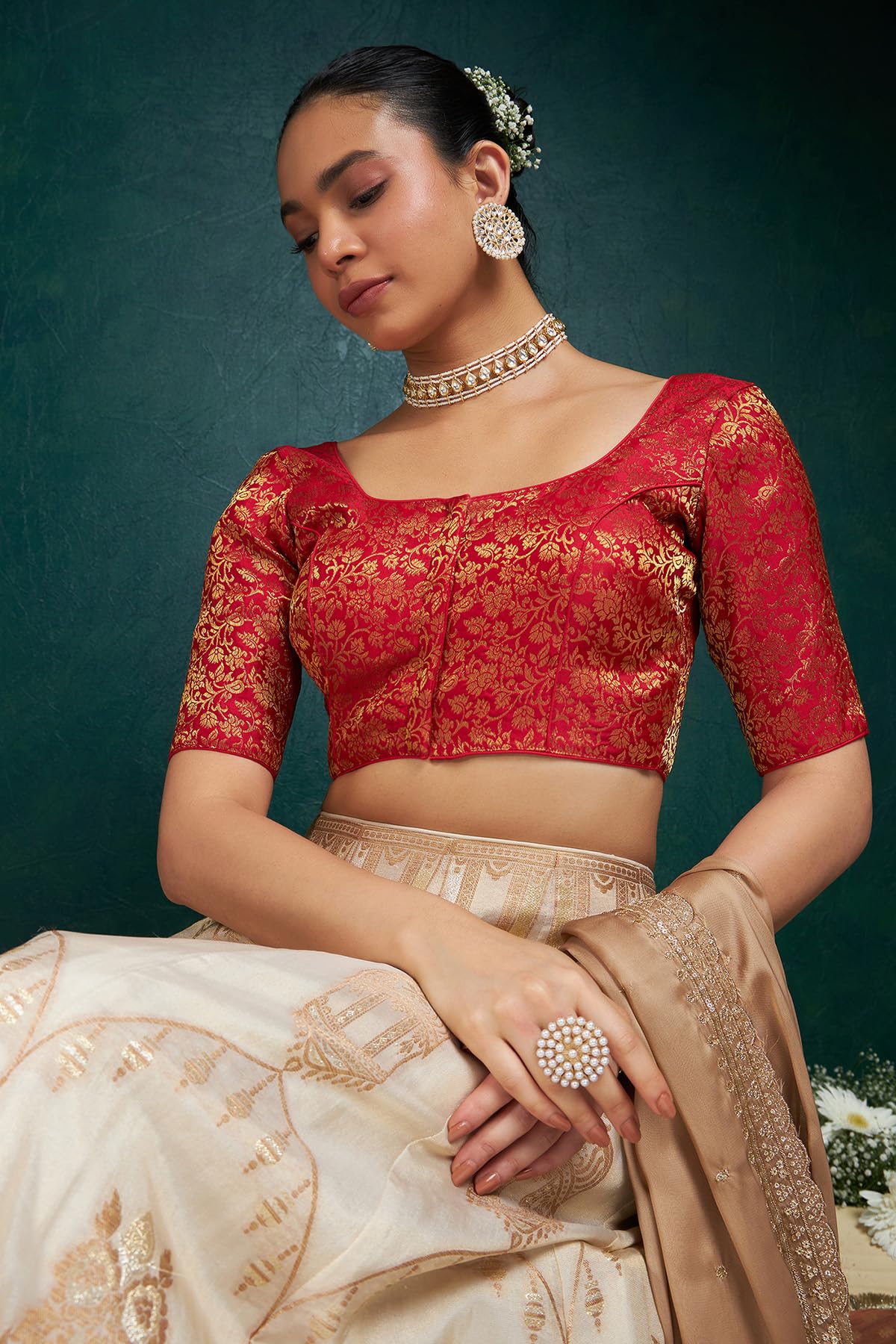 Soch Womens Red Art Silk Half Sleeve Blouse with Woven Floral Designs 38