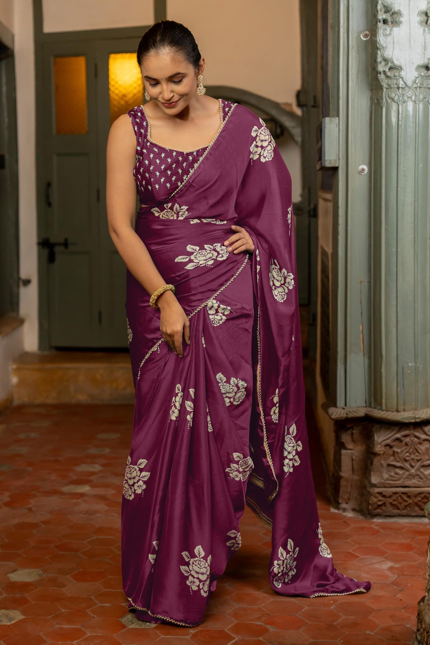 MIRCHI FASHION Women's Chiffon Floral Block Printed Saree with Blouse Piece (50473 - Dark Magenta, Beige)