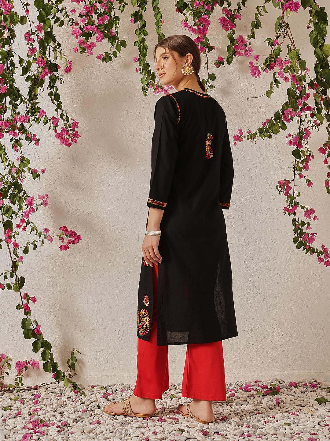 Ada Lucknowi Chikankari Hand Embroidered Straight Black Cotton Regular Fit Kurta Kurti Tunic for Women A188048 (XL)