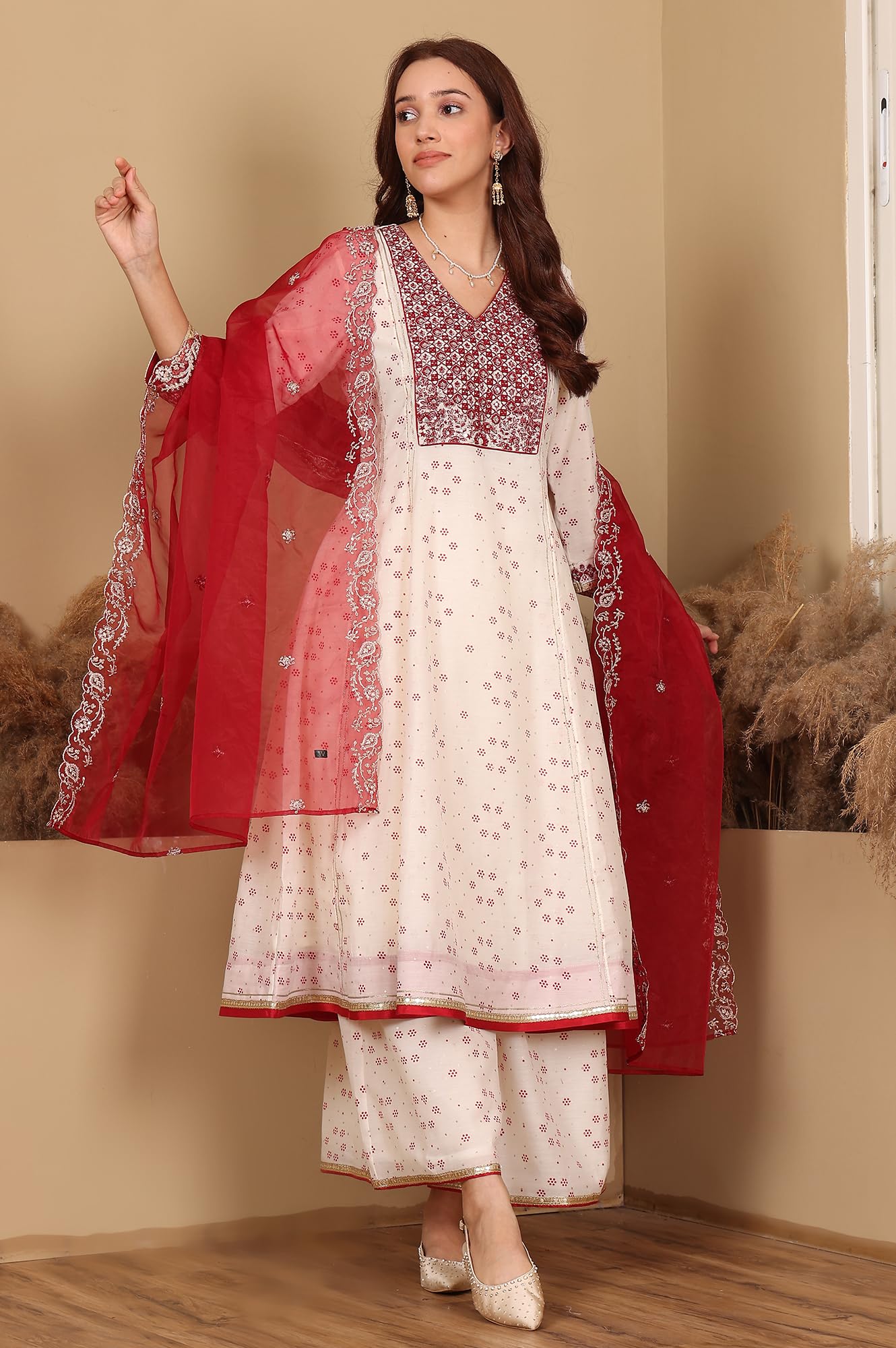 W for Woman Wishful Whisper White Dot Printed Embroidered Chanderi Anarkali Kurta, Flared Pants and Dupatta Set (Size: XXL)-24AUSP11726-124351