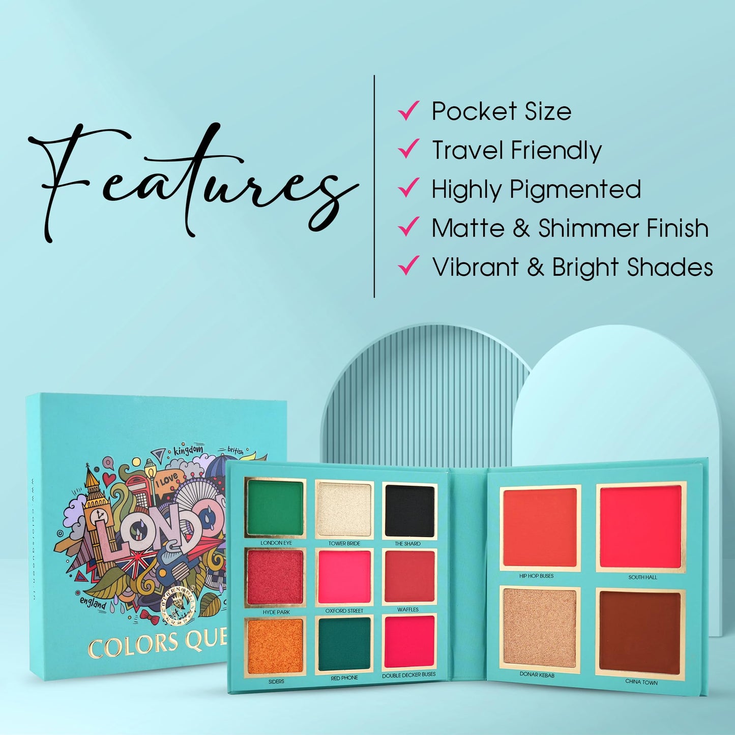 Colors Queen Country Obsession Eyeshadow Palette – London, 21.5g | 9 Highly Pigmented Eyeshadow Palette with 2 Blusher, 1 Highlighter & 1 Bronzer | Matte & Shimmery Finish