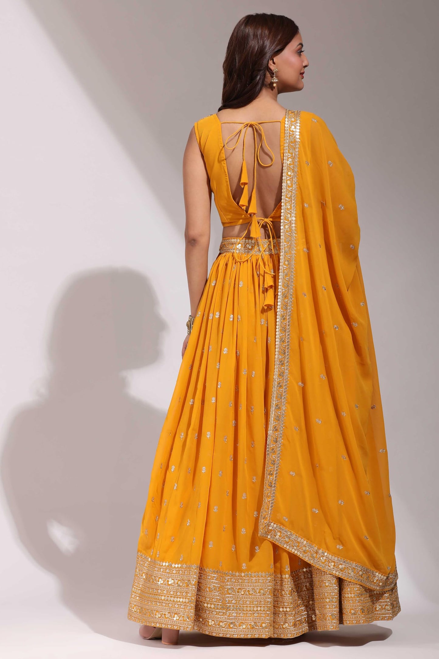 Fabcartz Womens Embroidered Georgette Lehenga Choli with Sequins Work (Yellow)