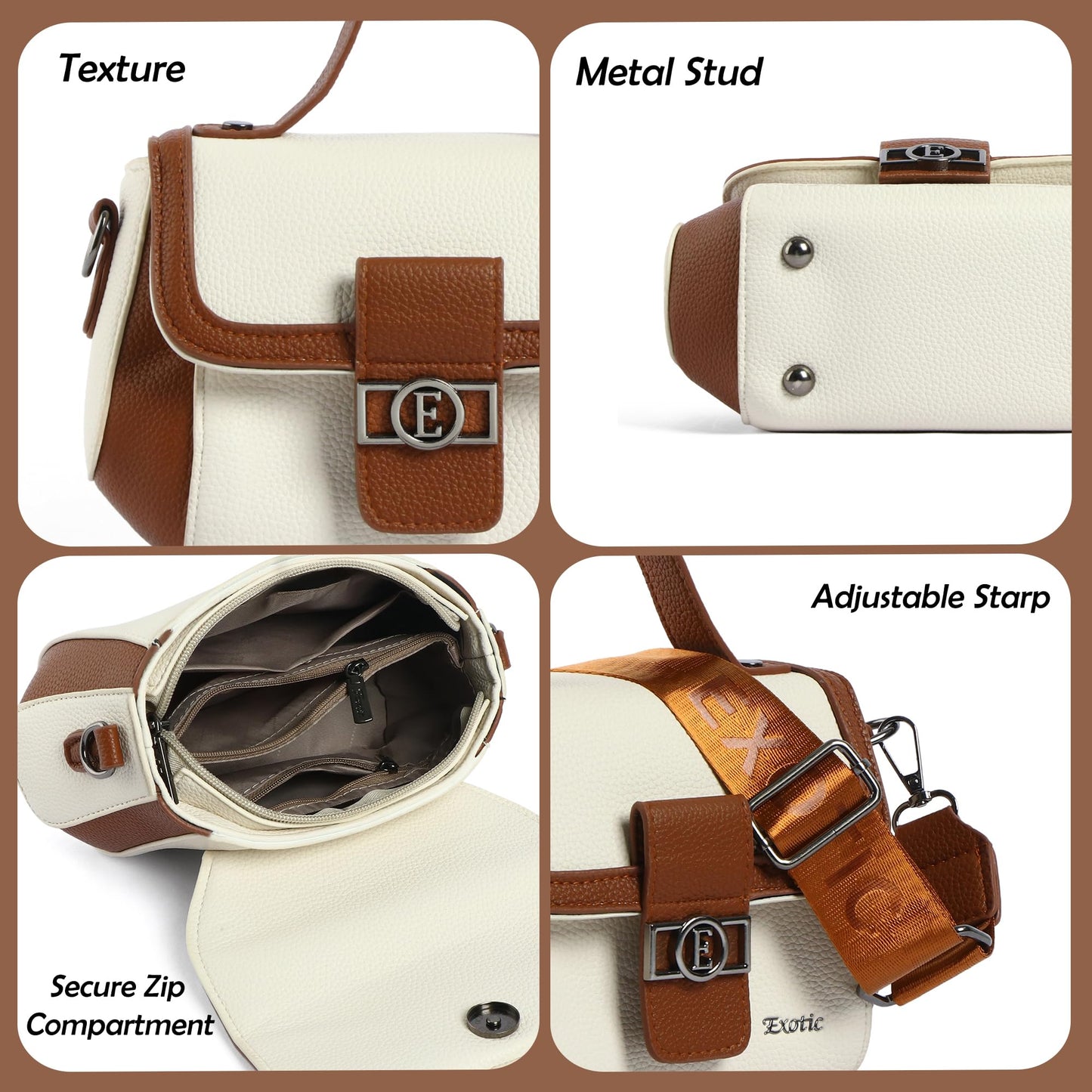 EXOTIC Premium H-Lock Sling & Hand Bag for Women | PU Leather Crossbody with Magnetic Lock, Adjustable Strap & Top Handle | Ideal for Office, Travel & Daily Use (White-Brown)