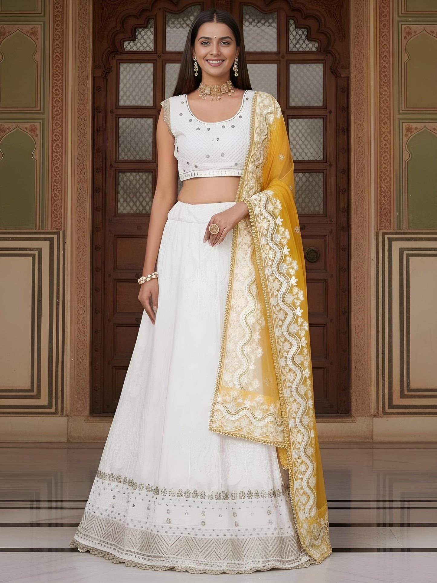 Zeel Clothing Women's Sequins Thread Embroidered Work Georgette Semi-Stitched Lehenga Choli With Dupatta (6018-White-Wedding-Lehenga-Choli, Free size) (White)