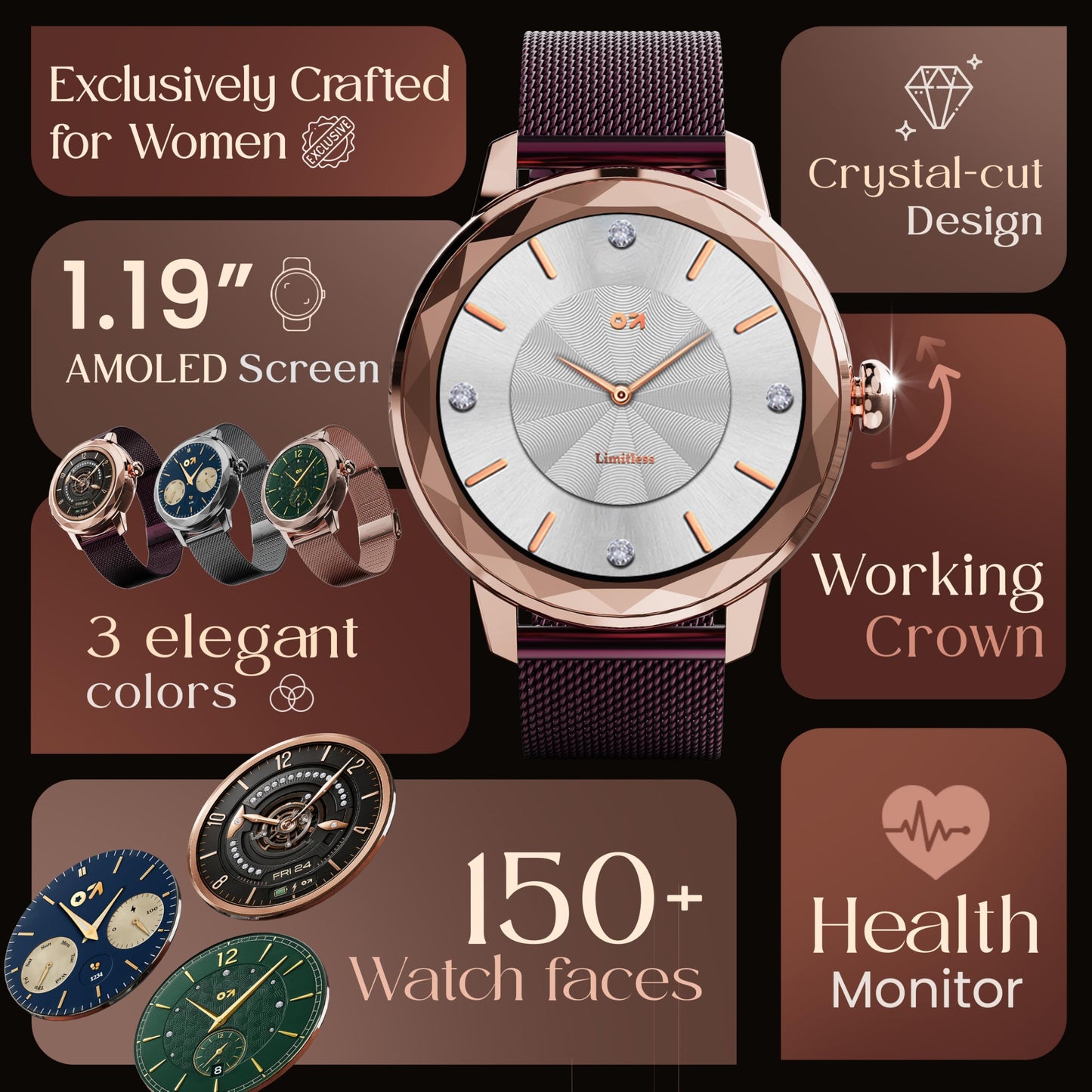 GOBOULT Newly Launched Alora Smart Watch 1.19'' AMOLED Display, BT Calling, Rotating Bezel, 150+Watchfaces, 800 Nits Brightness, AI Voice Assistant, SpO2 Monitoring, 120+ Sports Mode (Red Wine)
