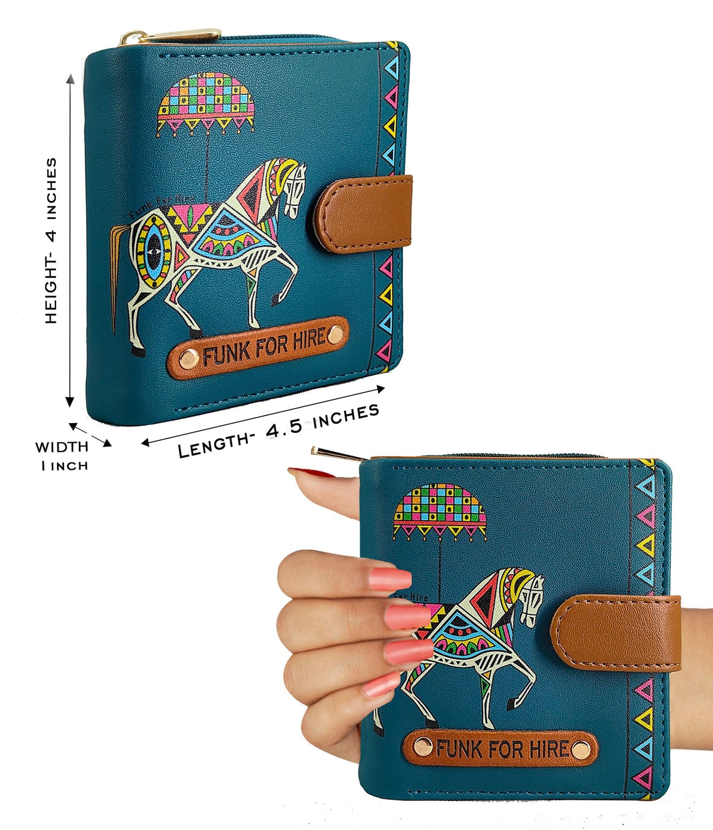 Funk For Hire Women’s Compact Wallet in Petrol Blue – Stylish Cartoon Print Leatherette Purse with Card Slots, Coin Pocket & Magnetic Closure – Handcrafted in India