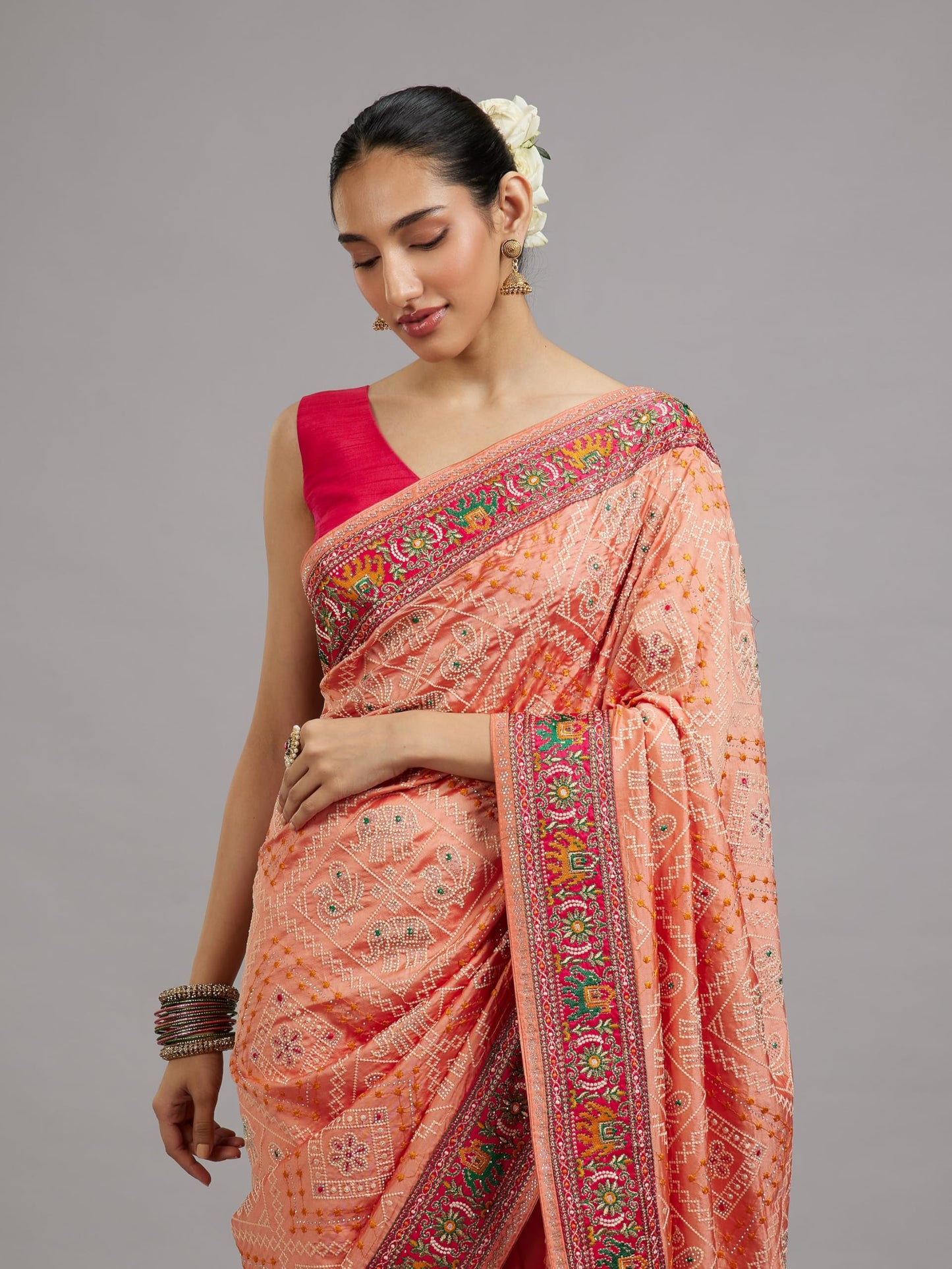 MOHEY Women's Art Silk Thread Work Tribal Design Saree with Blouse Piece(Peach)