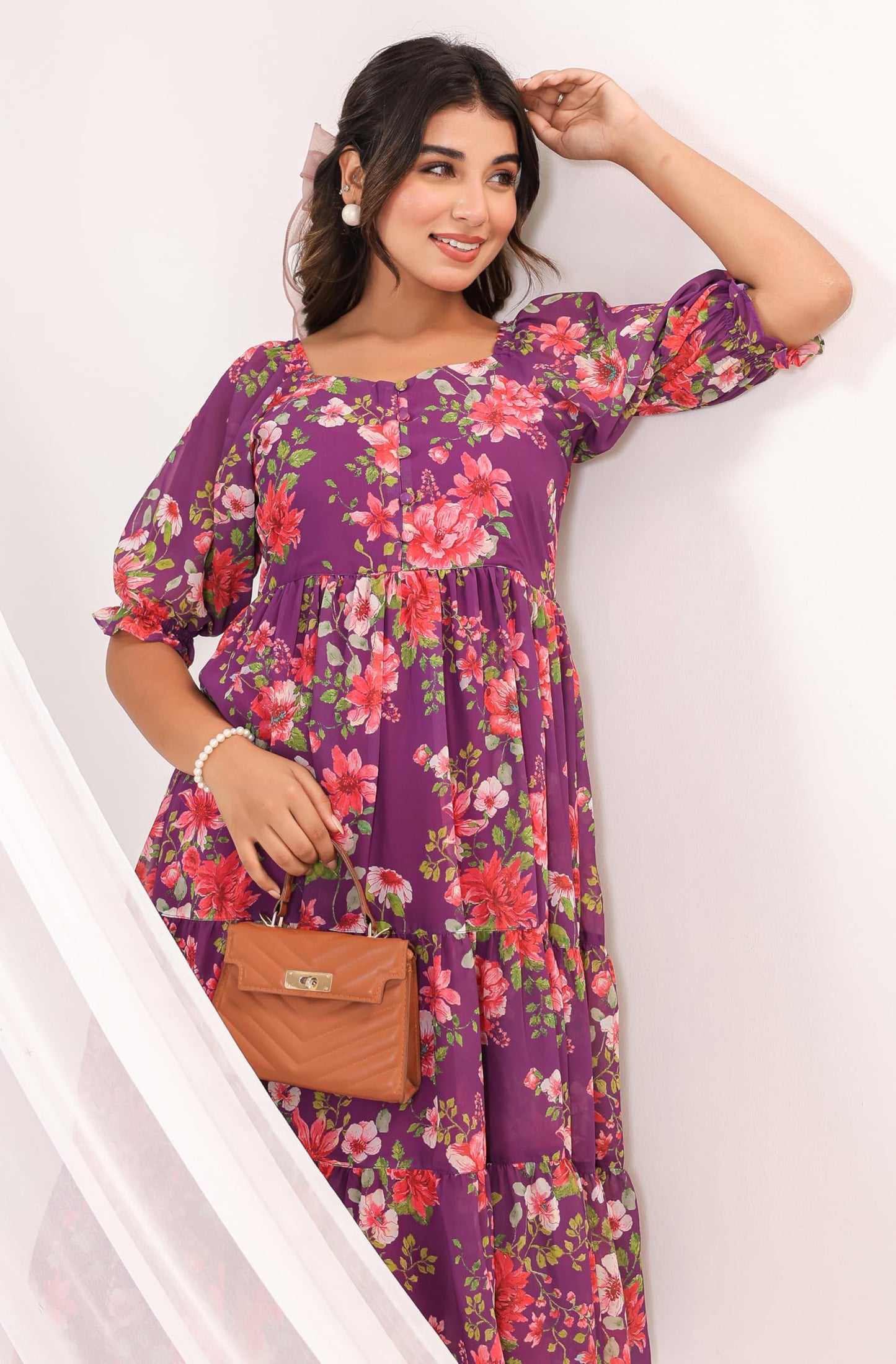 Janasya Women's Purple Georgette Floral Printed Tiered Dress (JAC24DR01628-L)