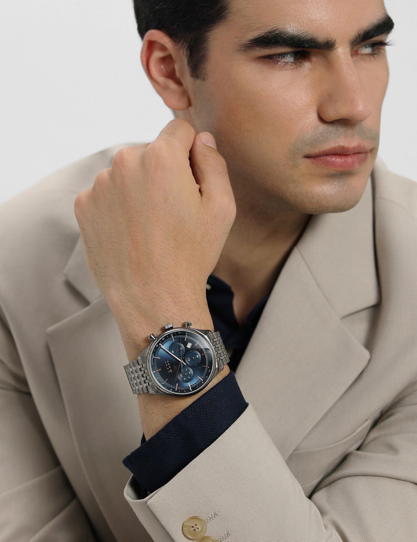 BOSS Gregor Qtz Fashion Chrono Blue Round Dial Men's Watch|Ionic Plated Grey Steel Material|Grey Color Band - 1514083